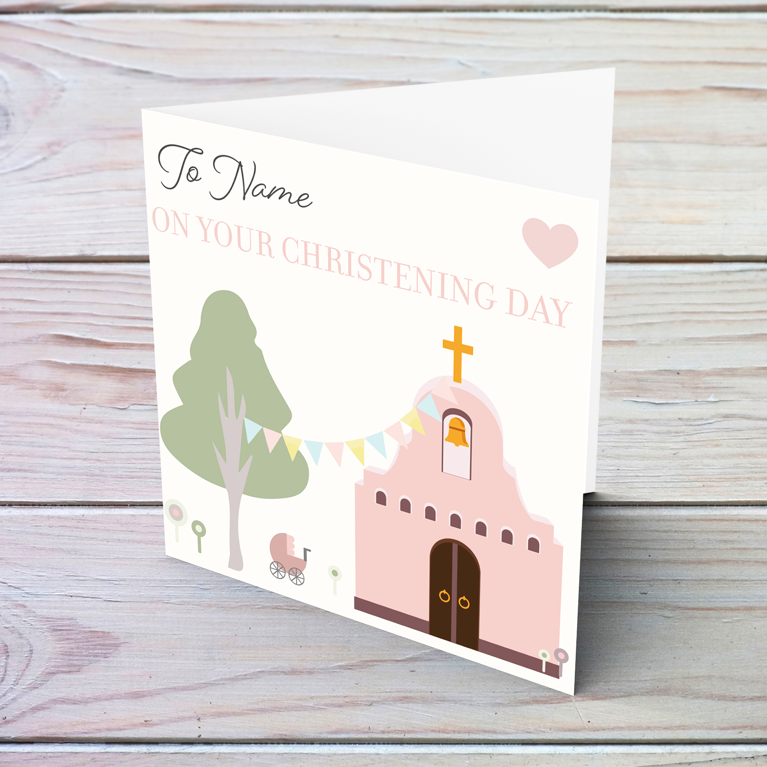 Church themed Baptism card for girls in English (Personalisable)