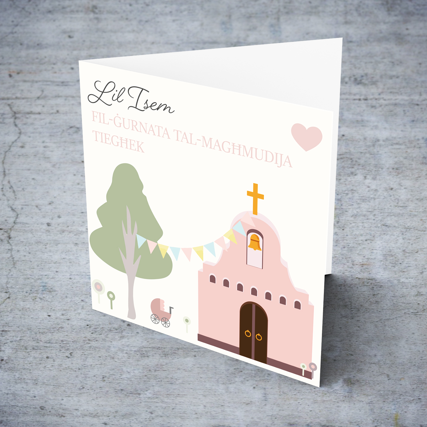 Church themed Baptism card for girls in Maltese (Personalisable)