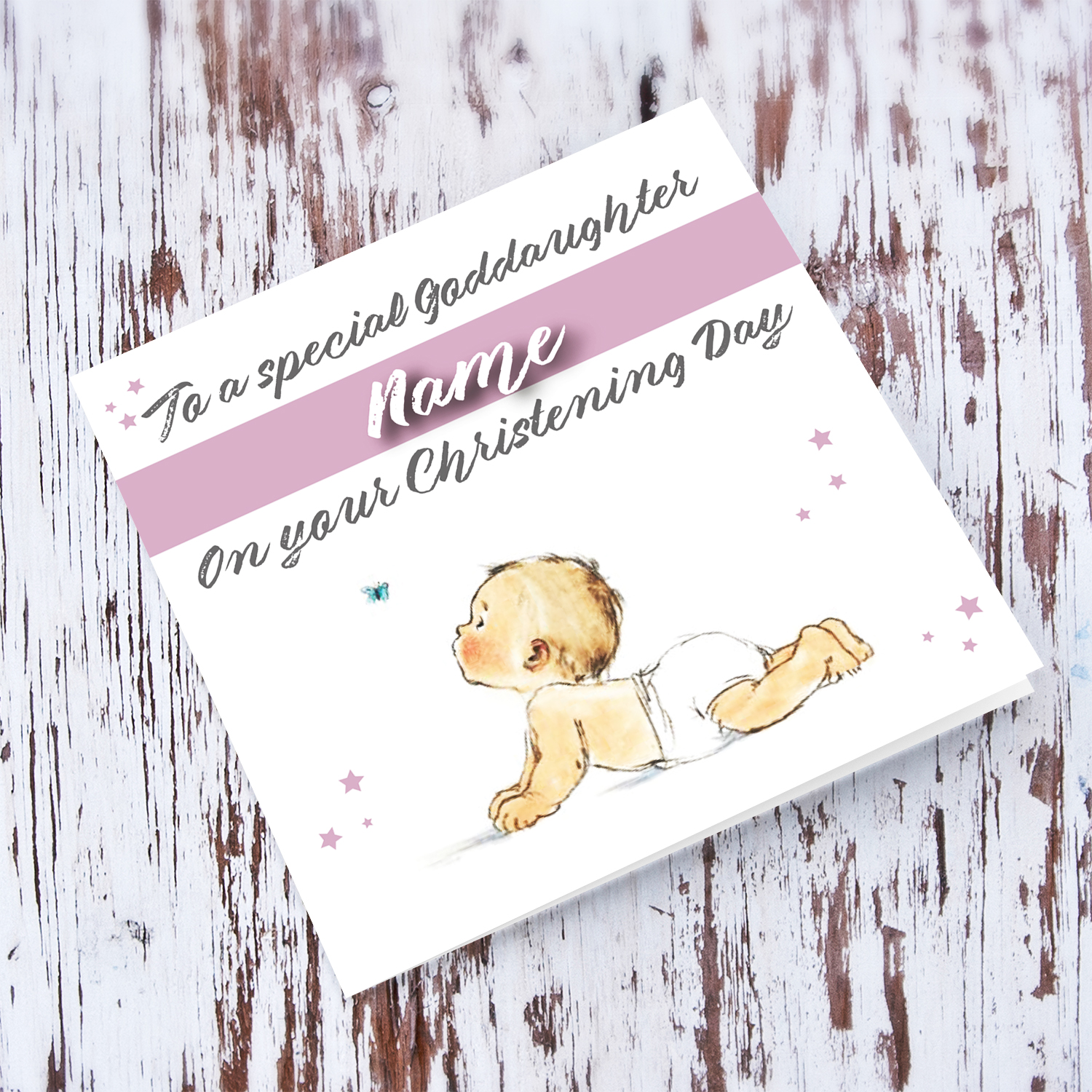 Goddaughter - crawling baby chasing butterfly baptism card for Goddaughter in English (Personalisable)