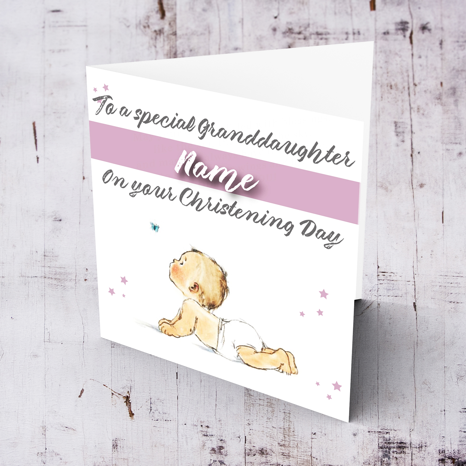 Granddaughter - crawling baby chasing butterfly baptism card for Granddaughter in English (Personalisable)