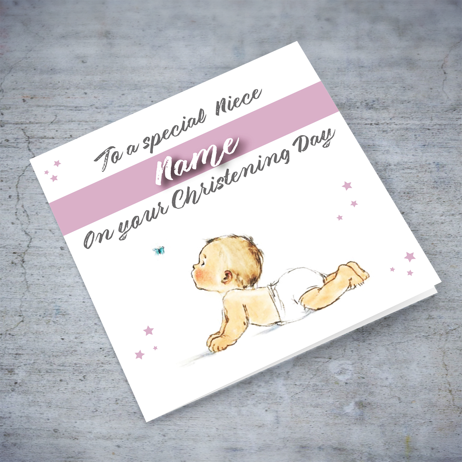 Niece - crawling baby chasing butterfly baptism card for Niece in English (Personalisable)