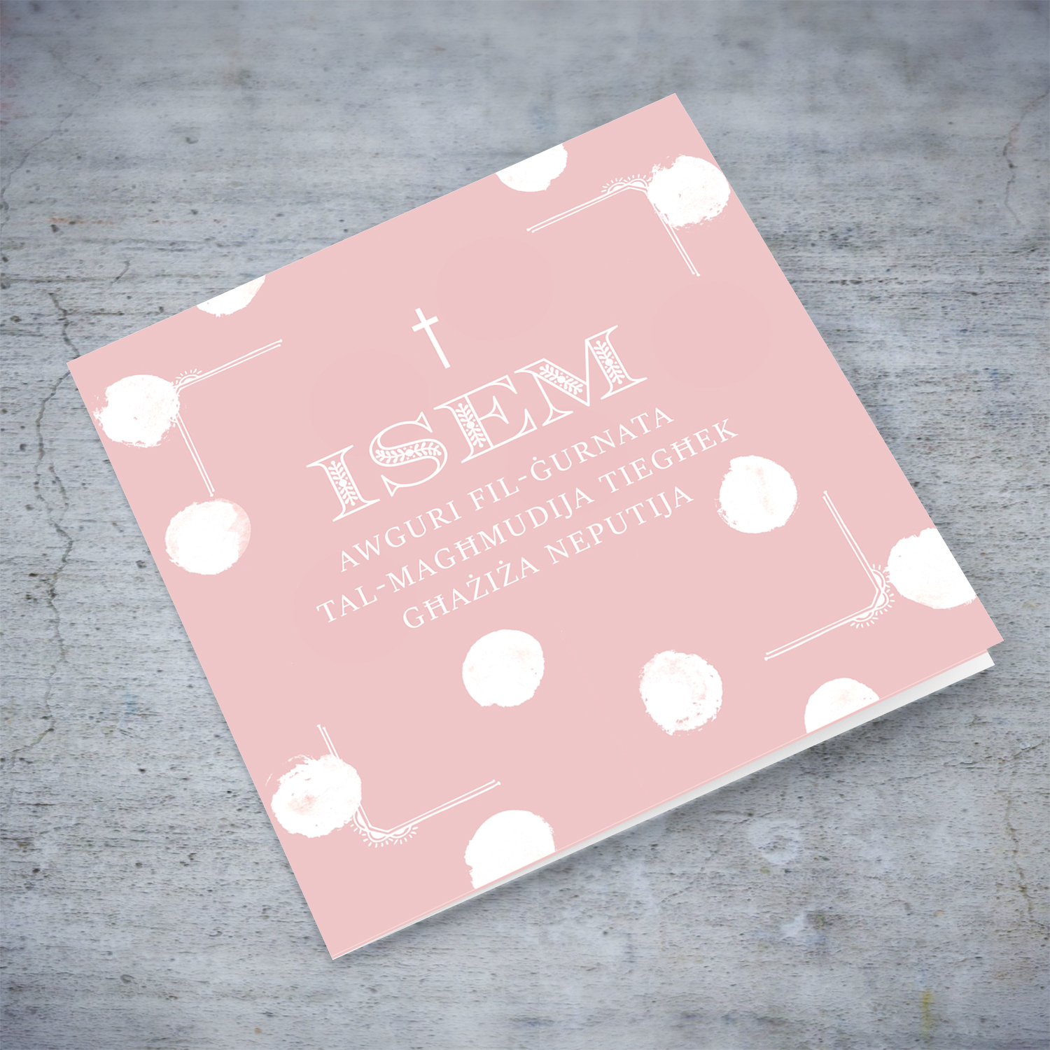 Pink monochrome Baptism card for niece in scattered white dots with a dainty cross in Maltese (Personalisable)
