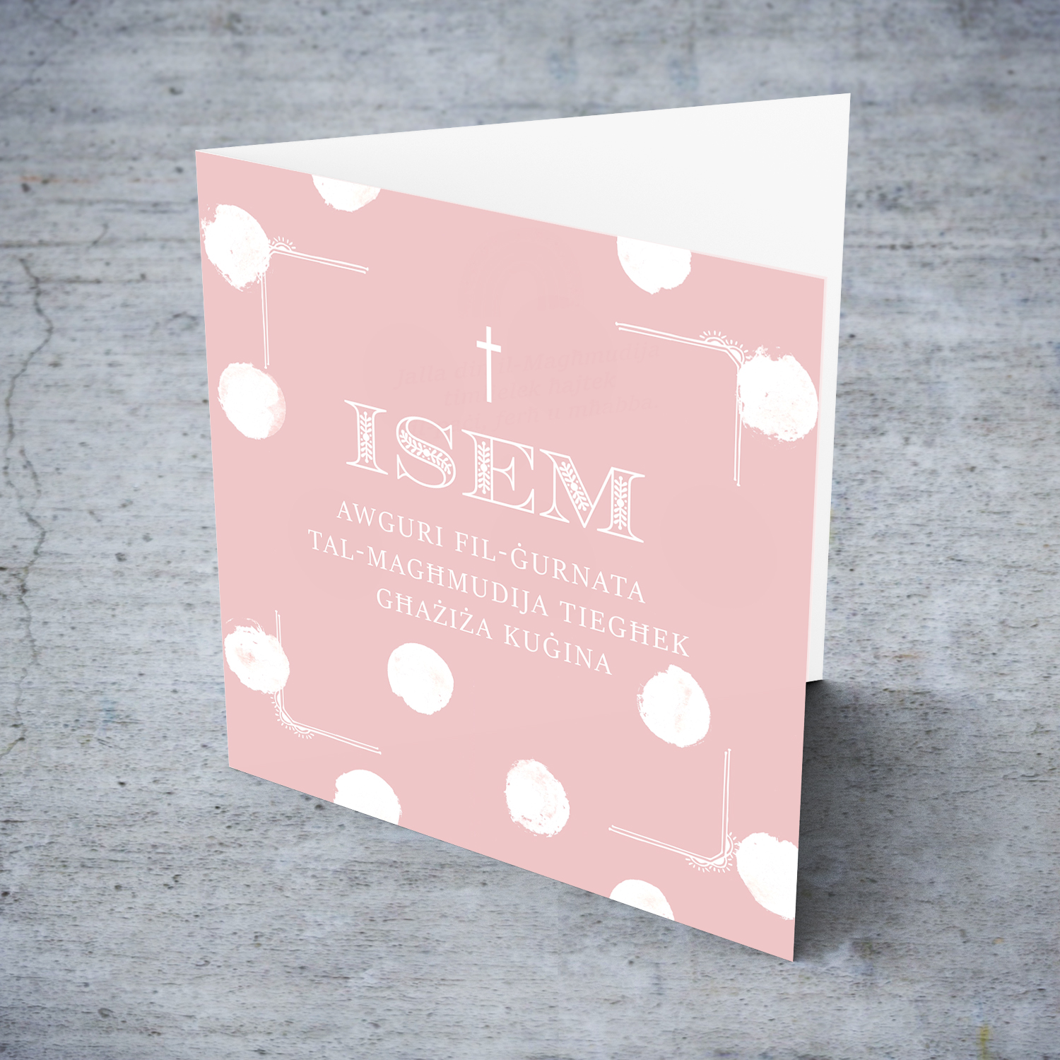 Pink monochrome Baptism card for cousin in scattered white dots with a dainty cross in Maltese (Personalisable)