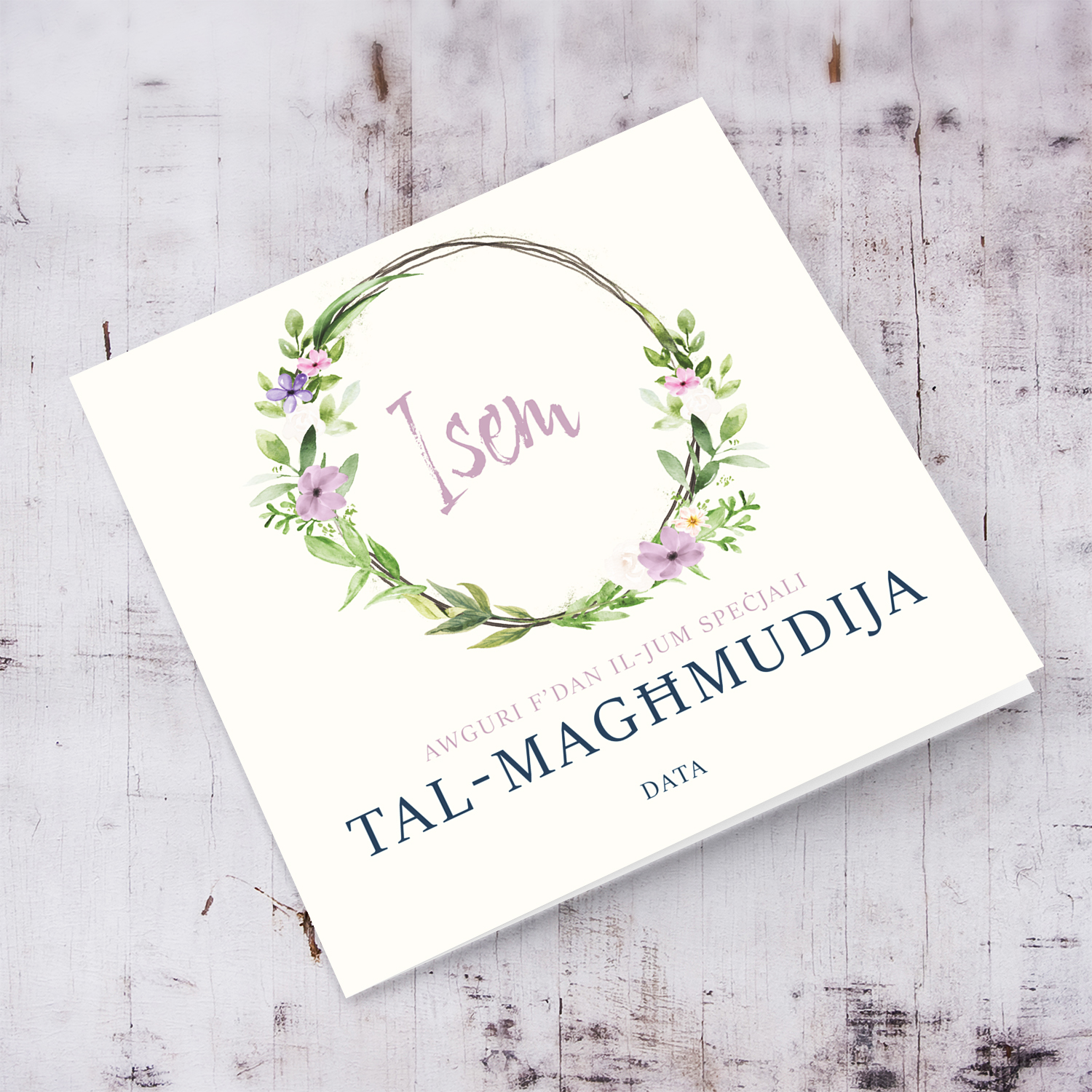 Elegant and dainty baptism card for girls with floral wreath in Maltese