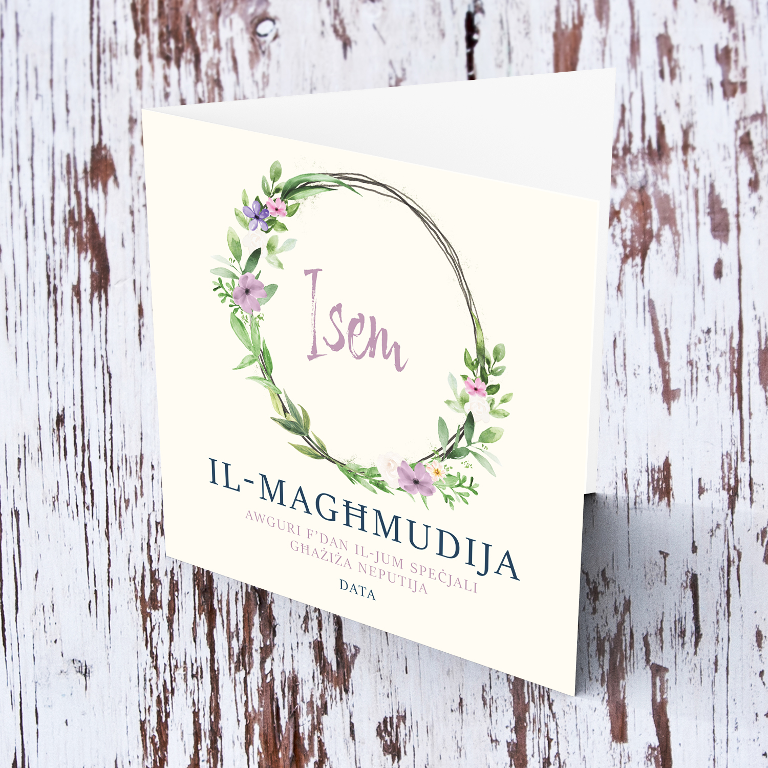 Elegant and dainty baptism card for niece with floral wreath in Maltese