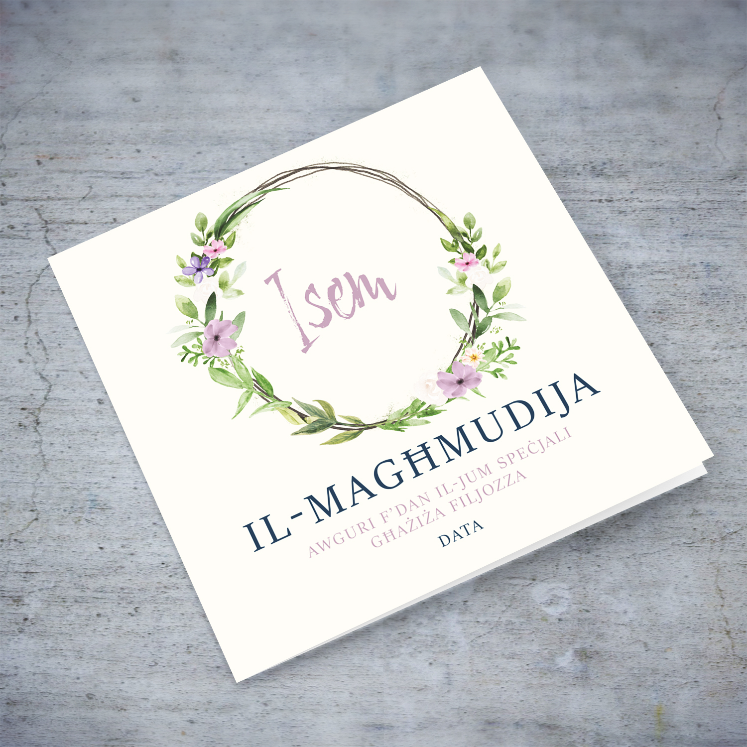 Elegant and dainty baptism card for goddaughter with floral wreath in Maltese