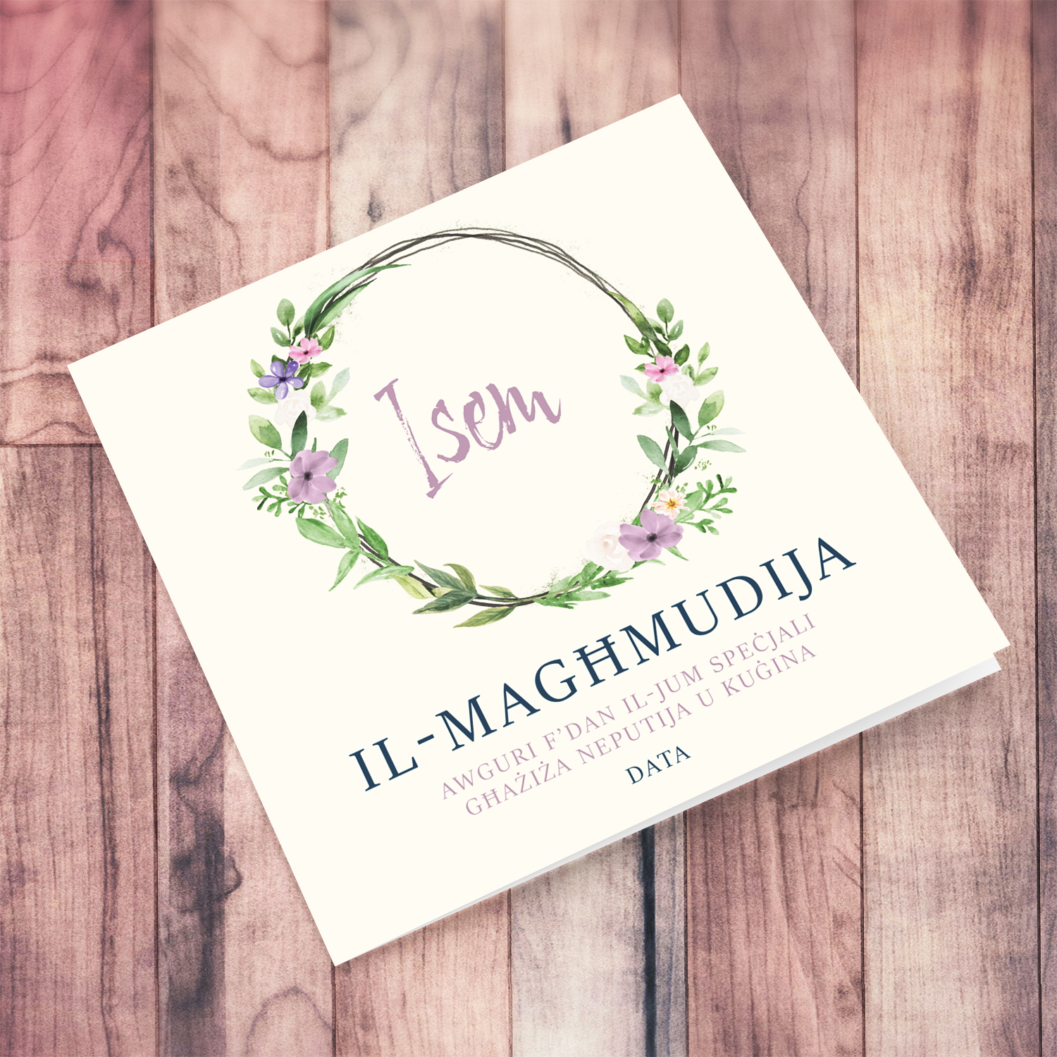 Elegant and dainty baptism card for niece & cousin with floral wreath in Maltese (2 in 1)
