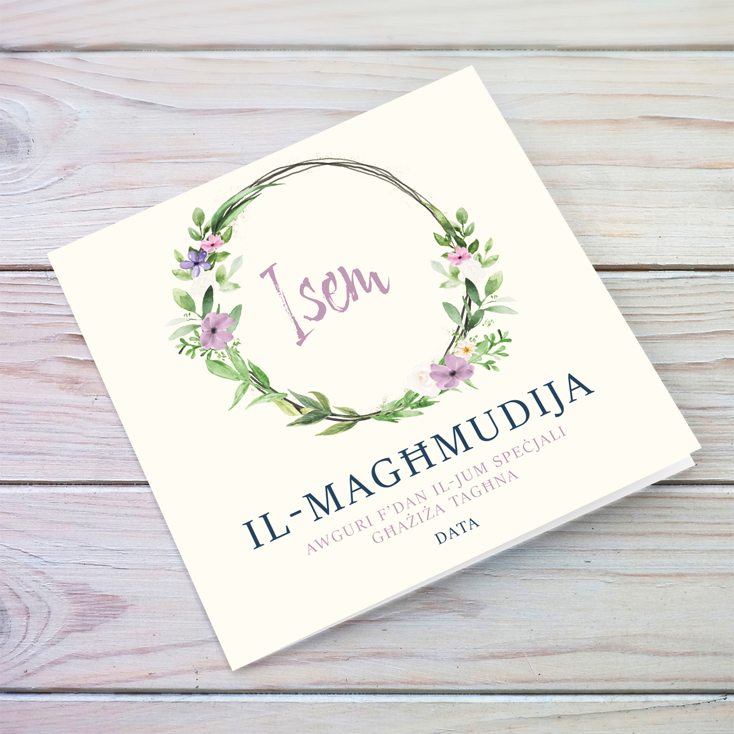 Elegant and dainty baptism card for girl (ex. daughter, or niece etc) with floral wreath in Maltese