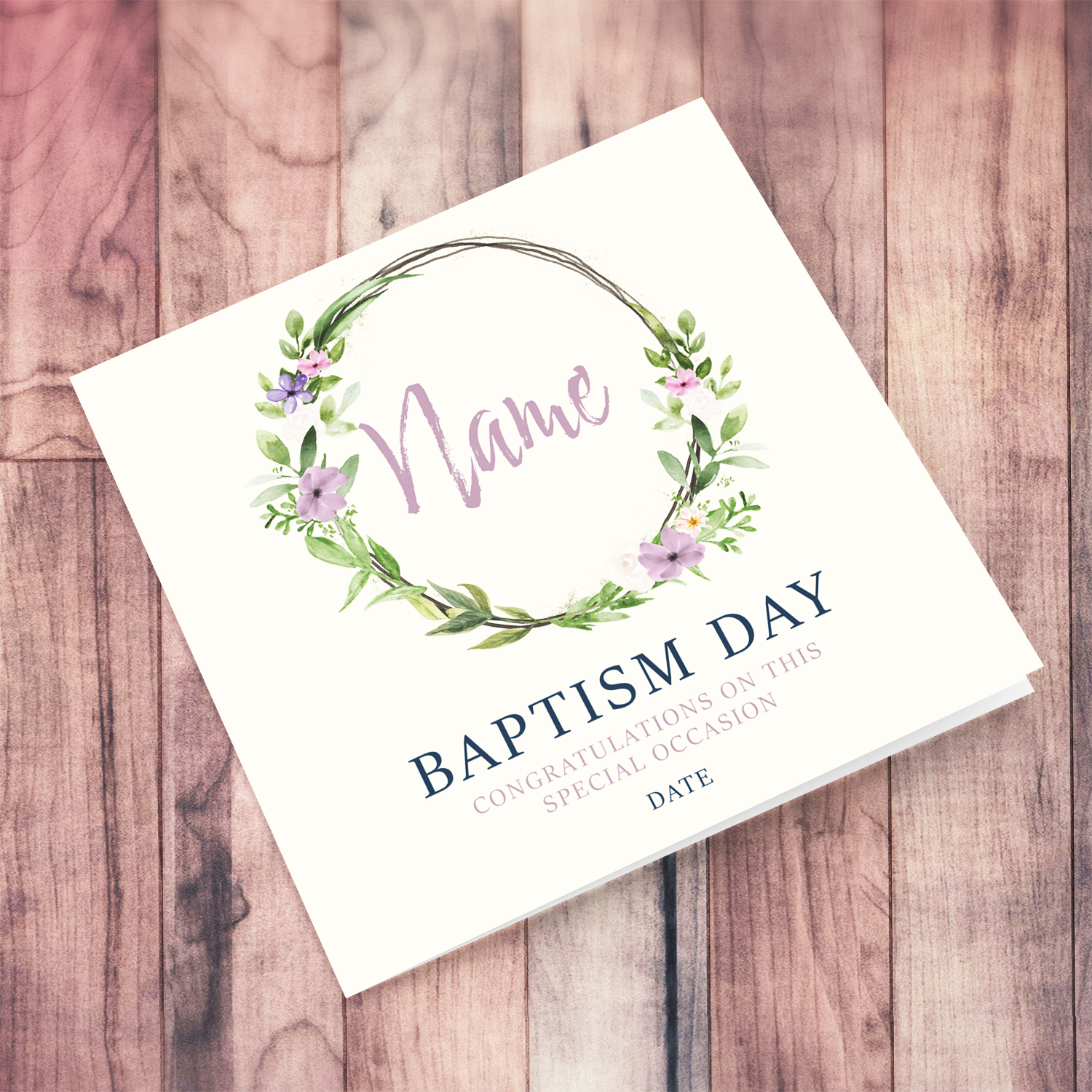 Elegant and dainty baptism card for girls with floral wreath in English (Personalisable)