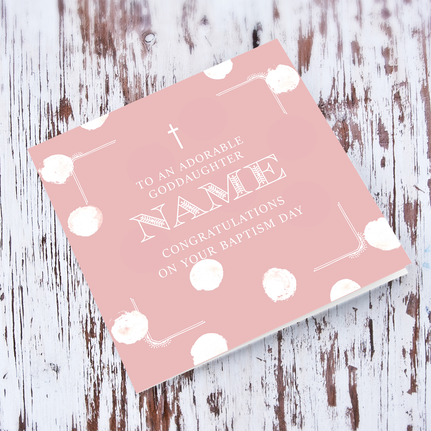Pink monochrome Baptism card for goddaughter in scattered white dots with a dainty cross in English (Personalisable)