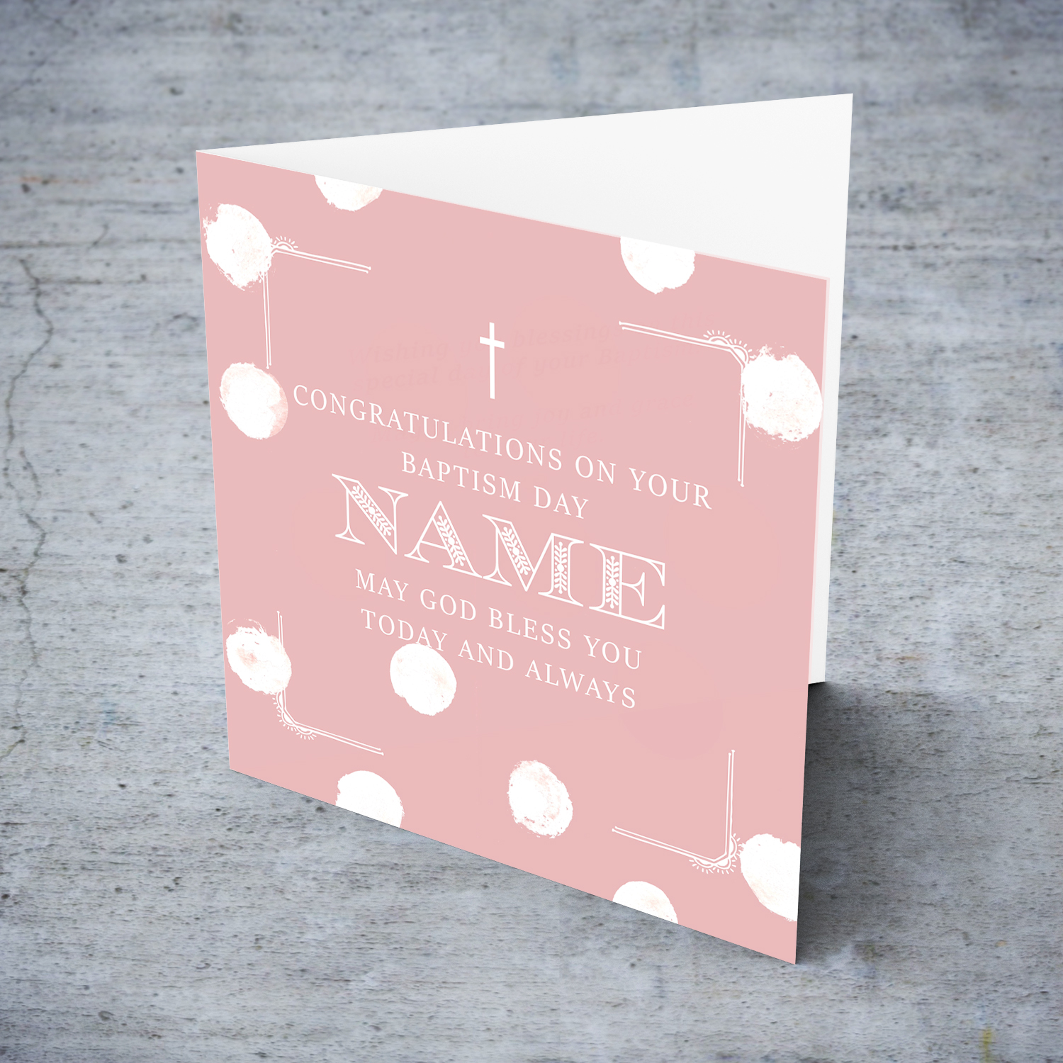 Pink monochrome Baptism card for girl in scattered white dots with a dainty cross in English (Personalisable)