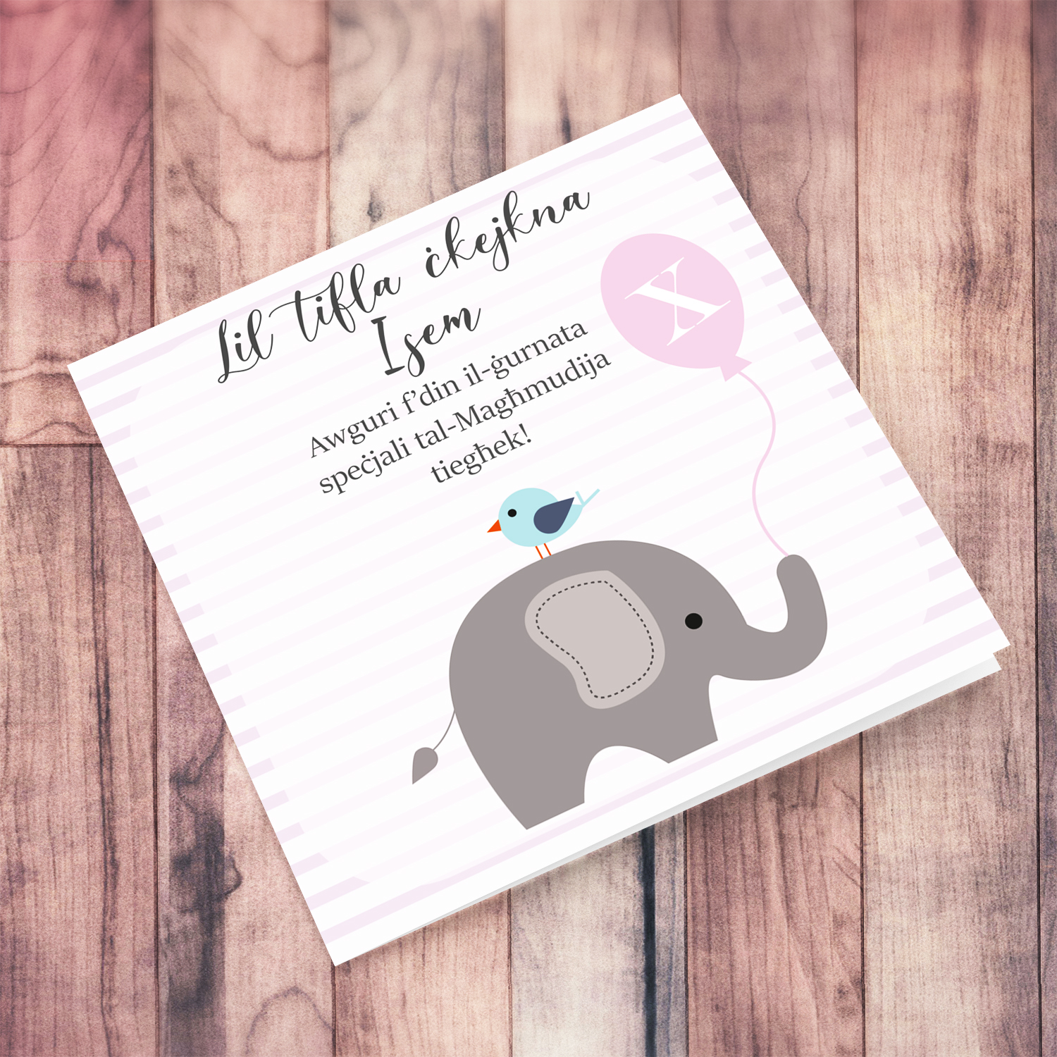 Elephant with bird holding pink balloon, with striped background baptism card for girl in Maltese (Personalisable)