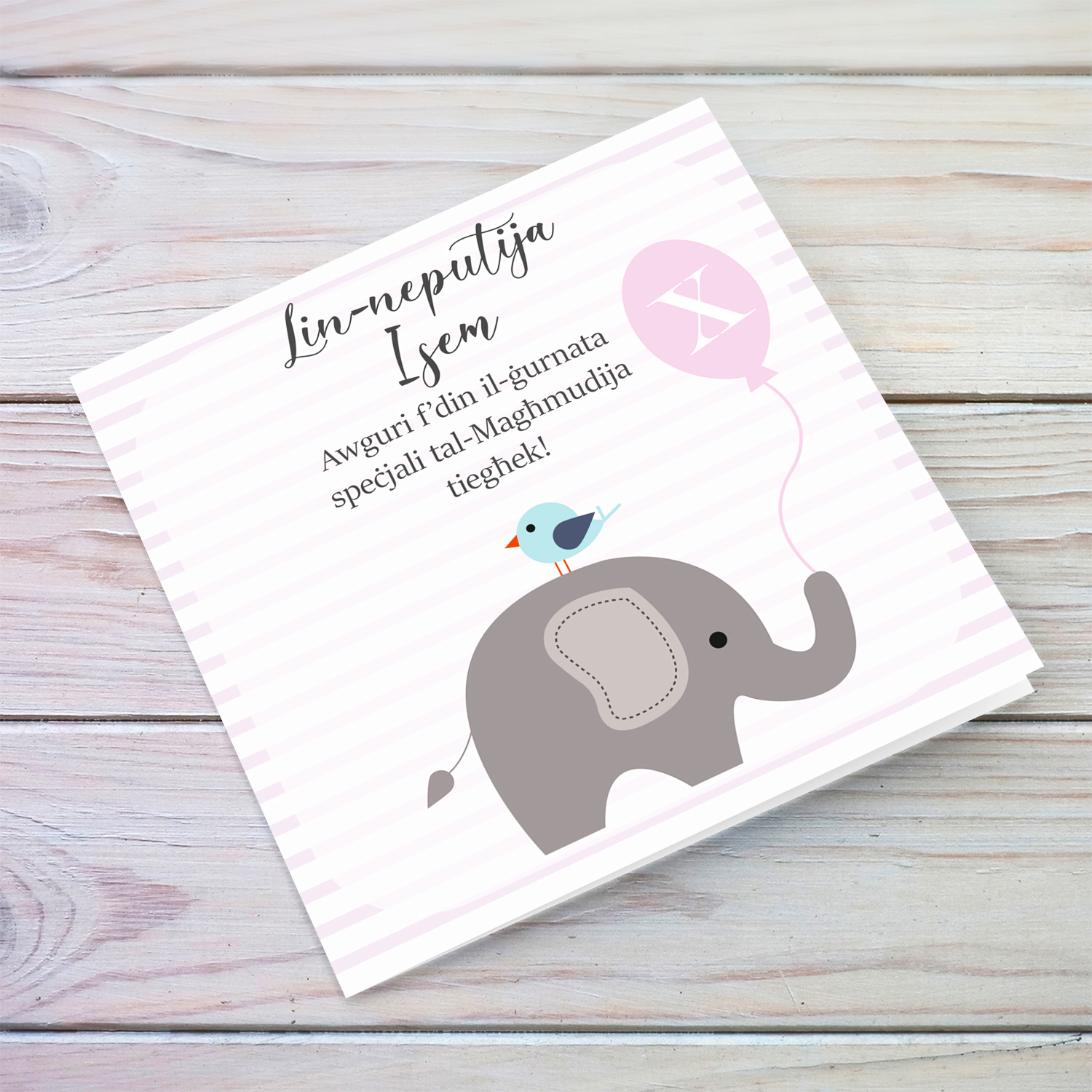 Elephant with bird holding pink baloon, with striped background baptism card for NIECE in Maltese (Personalisable)