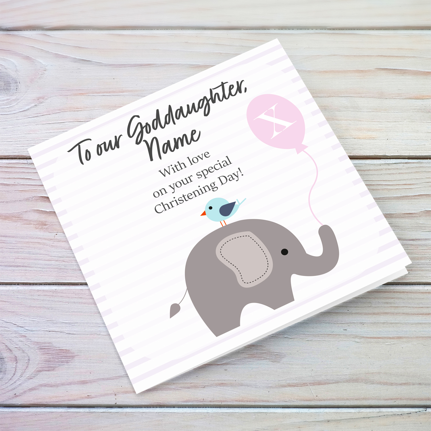 Elephant with bird holding pink balloon, with striped background baptism card for Goddaughter in English (Plural & Personalisable)