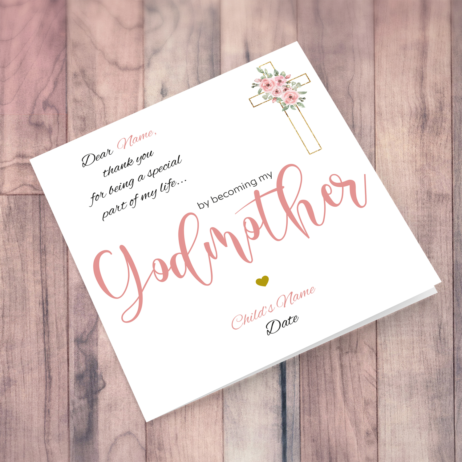 Baptism card for Godmother in pink and black text with floral cross - Personalisable card