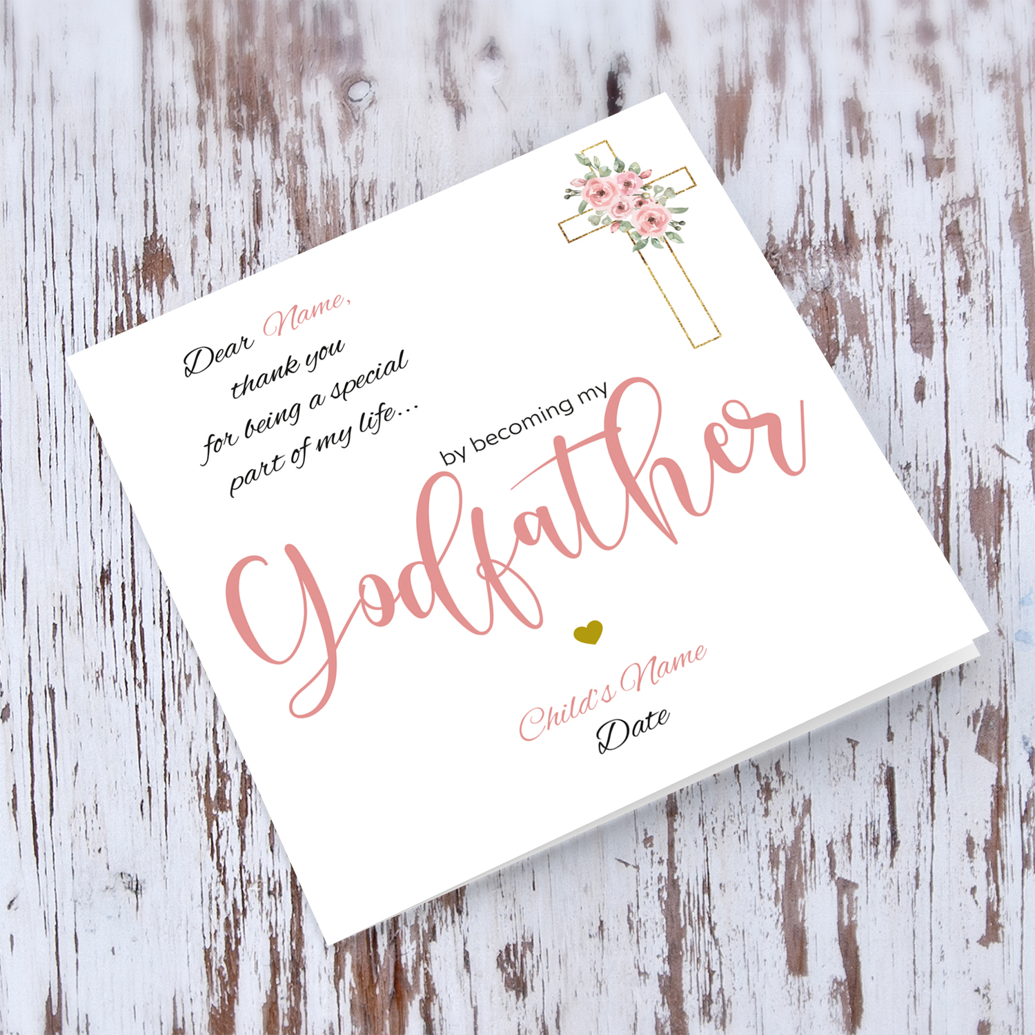 Baptism card for Godfather in pink and black text with floral cross - Personalisable card 