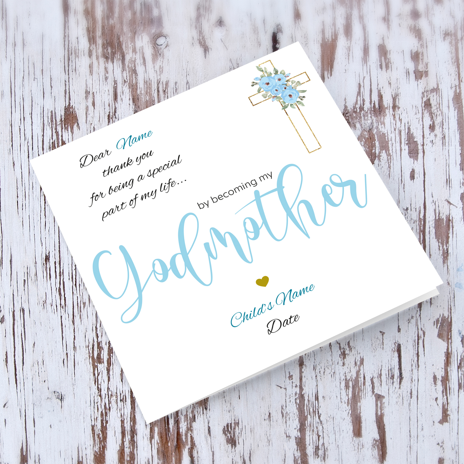 Baptism card for Godmother in light blue and black text with floral cross - Personalisable card