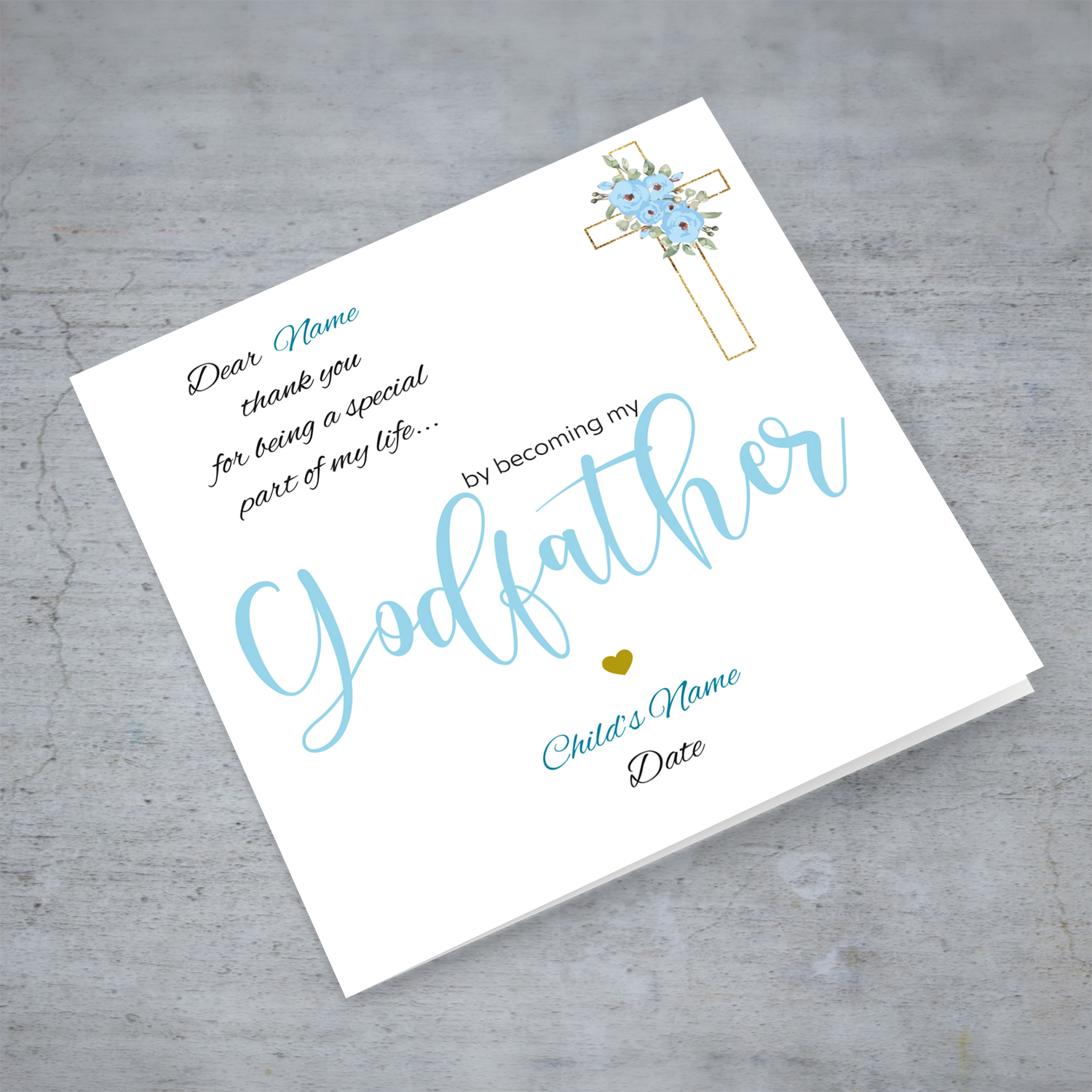 Baptism card for Godfather in light blue and black text with floral cross - Personalisable card