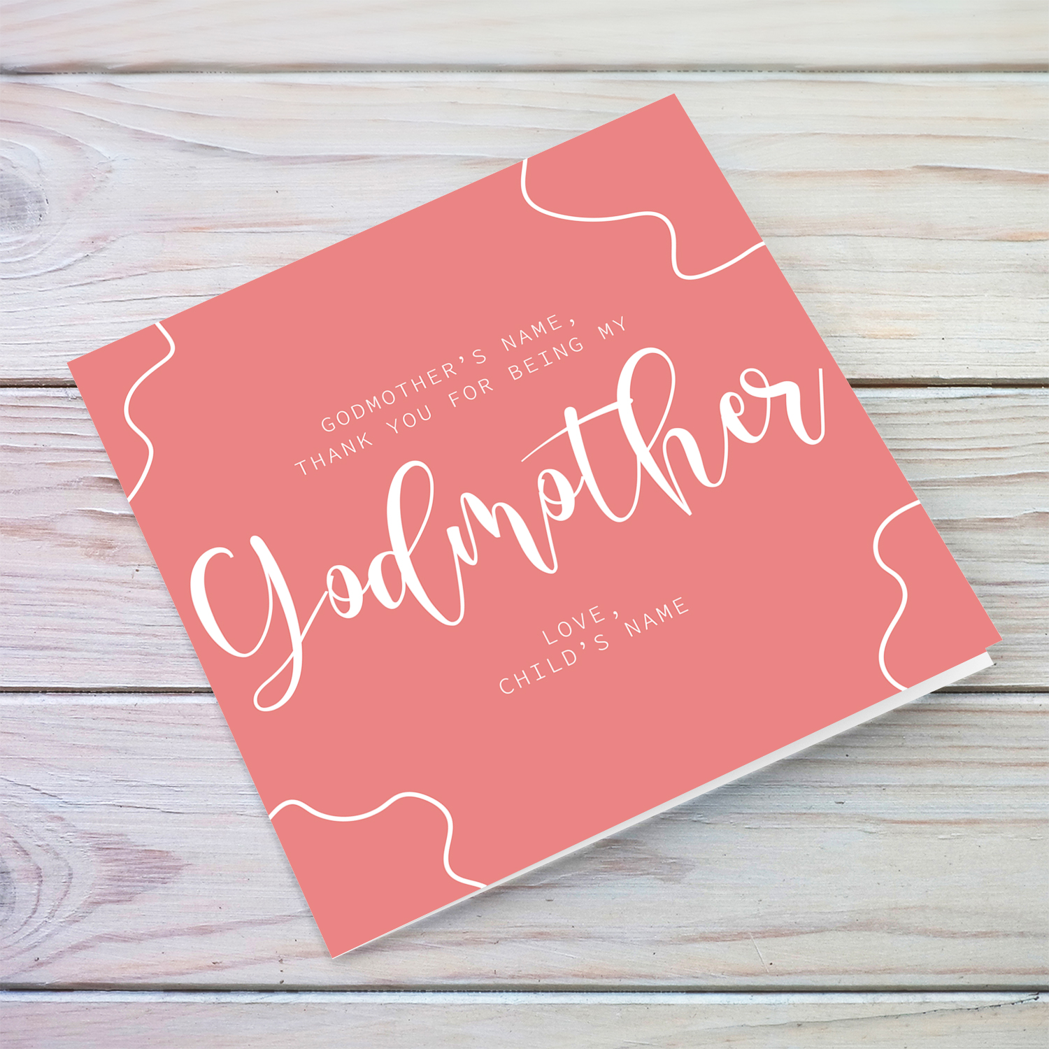 Baptism card for Godmother, in pink background and white text in English