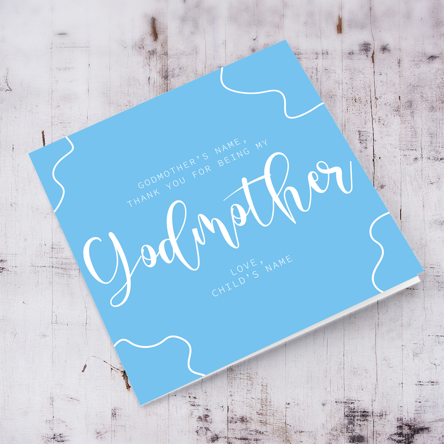 Baptism card for Godmother, in blue background and white text in English