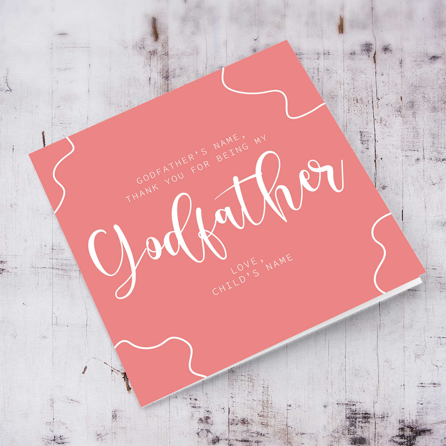 Baptism card for Godfather, in pink background and white text in English