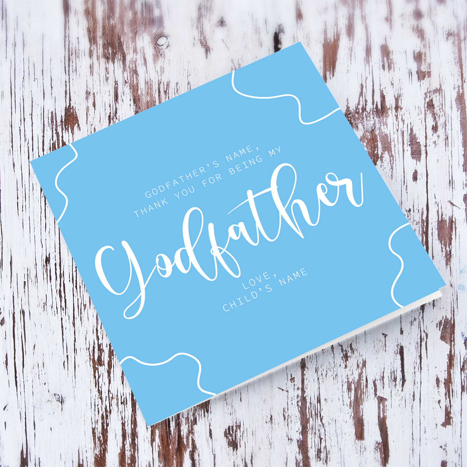 Baptism card for Godfather, in blue background and white text in English
