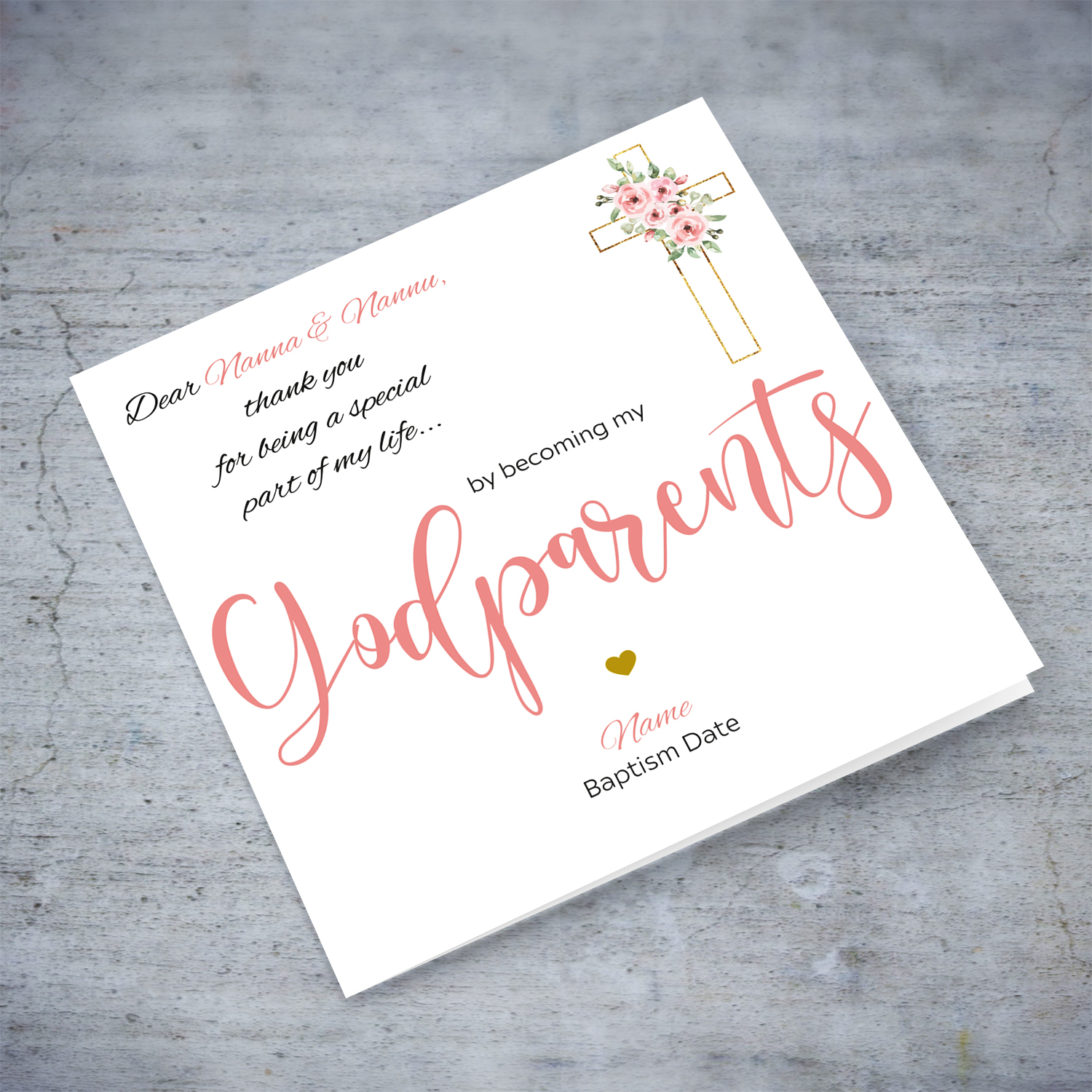 Baptism card for Godparents Nanna & Nannu in pink and black text with floral cross - Personalisable card