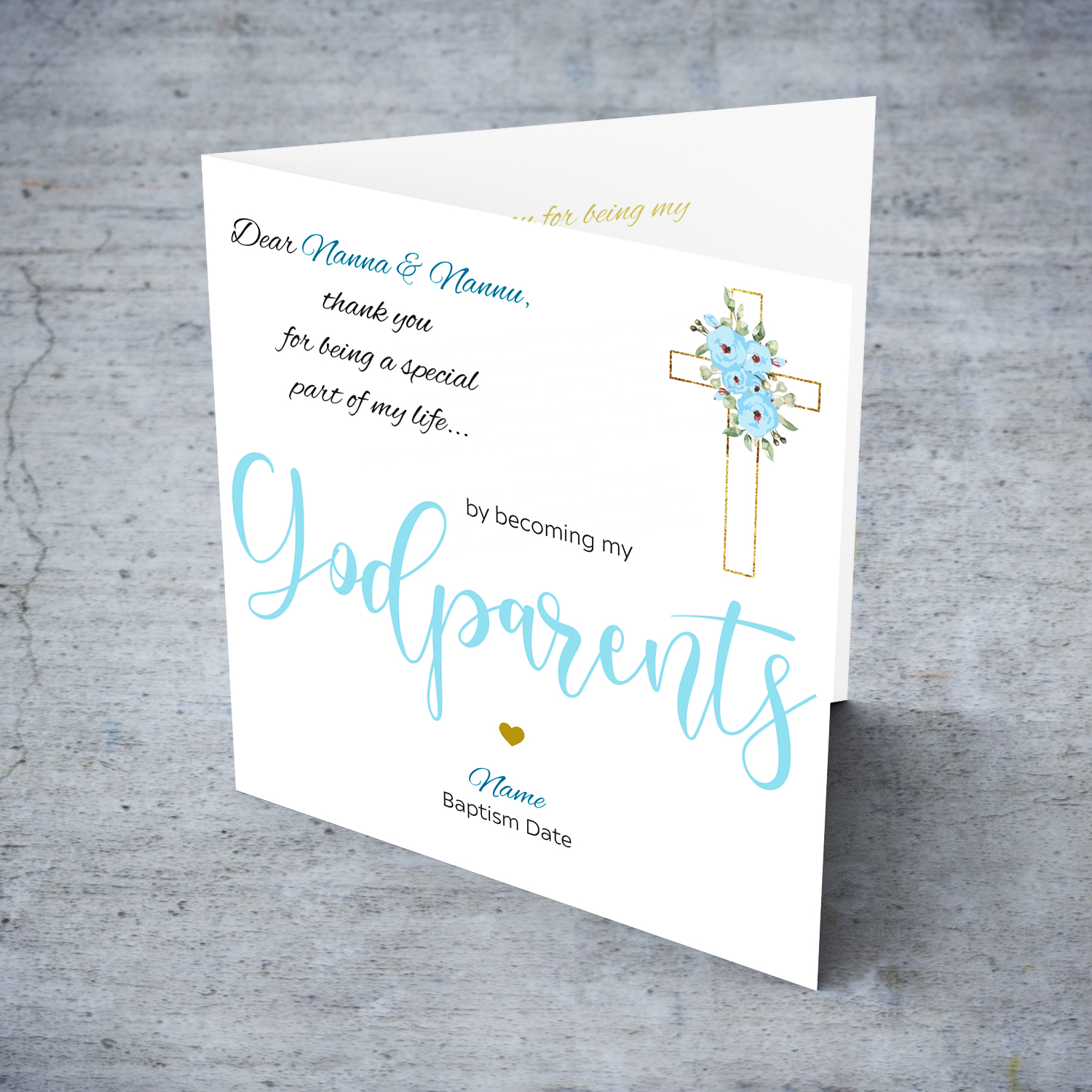 Baptism card for Godparents Nanna & Nannu in light blue and black text with floral cross - Personalisable card