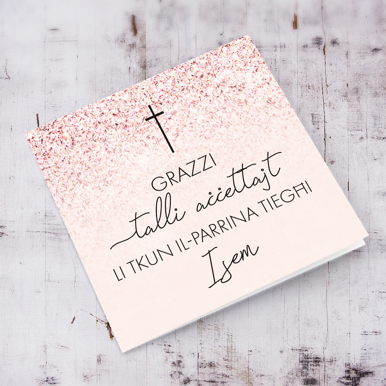 Thank you for accepting to be my Godmother in pink background, black text and cross in Maltese
