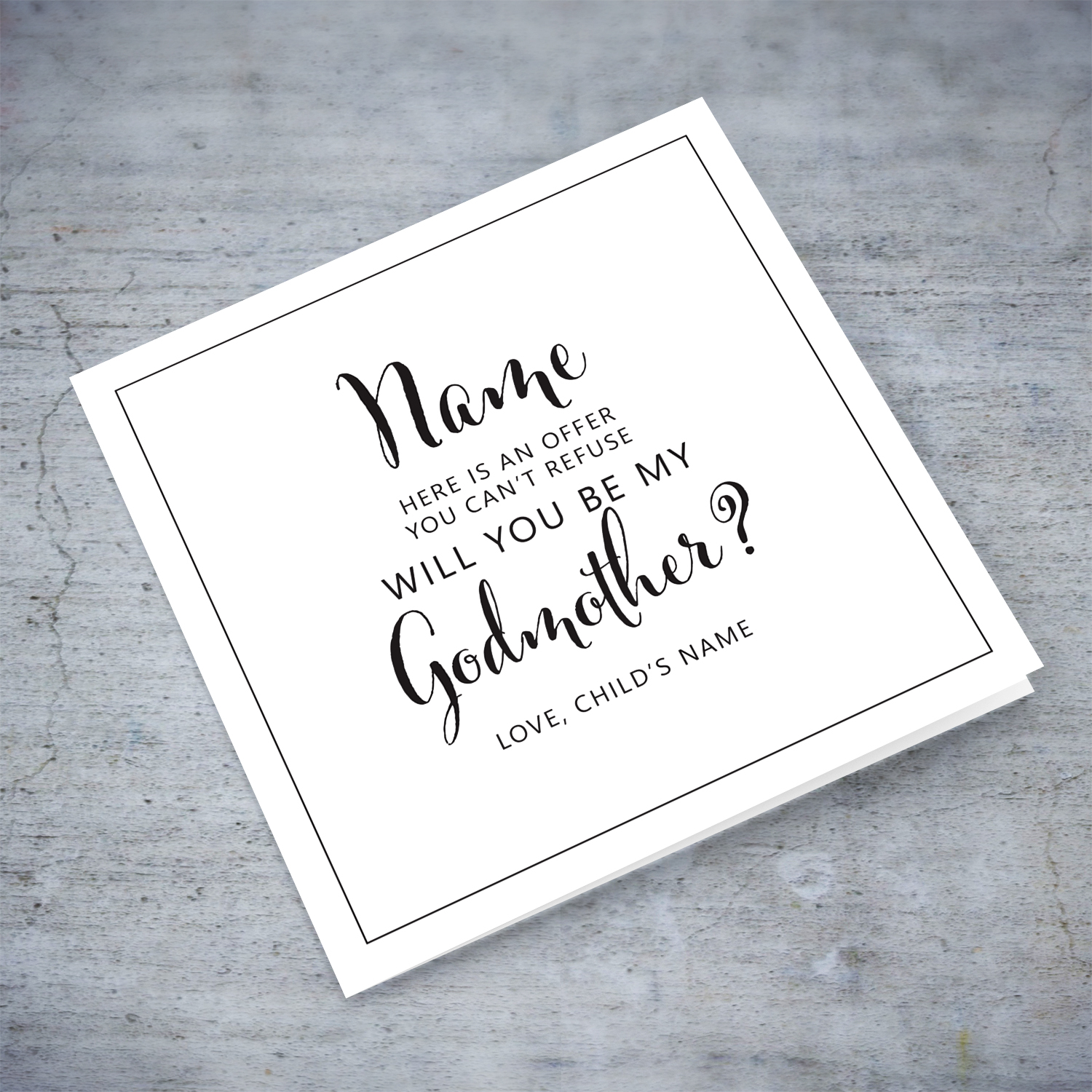 Minimalist proposal card for Godmother in English
