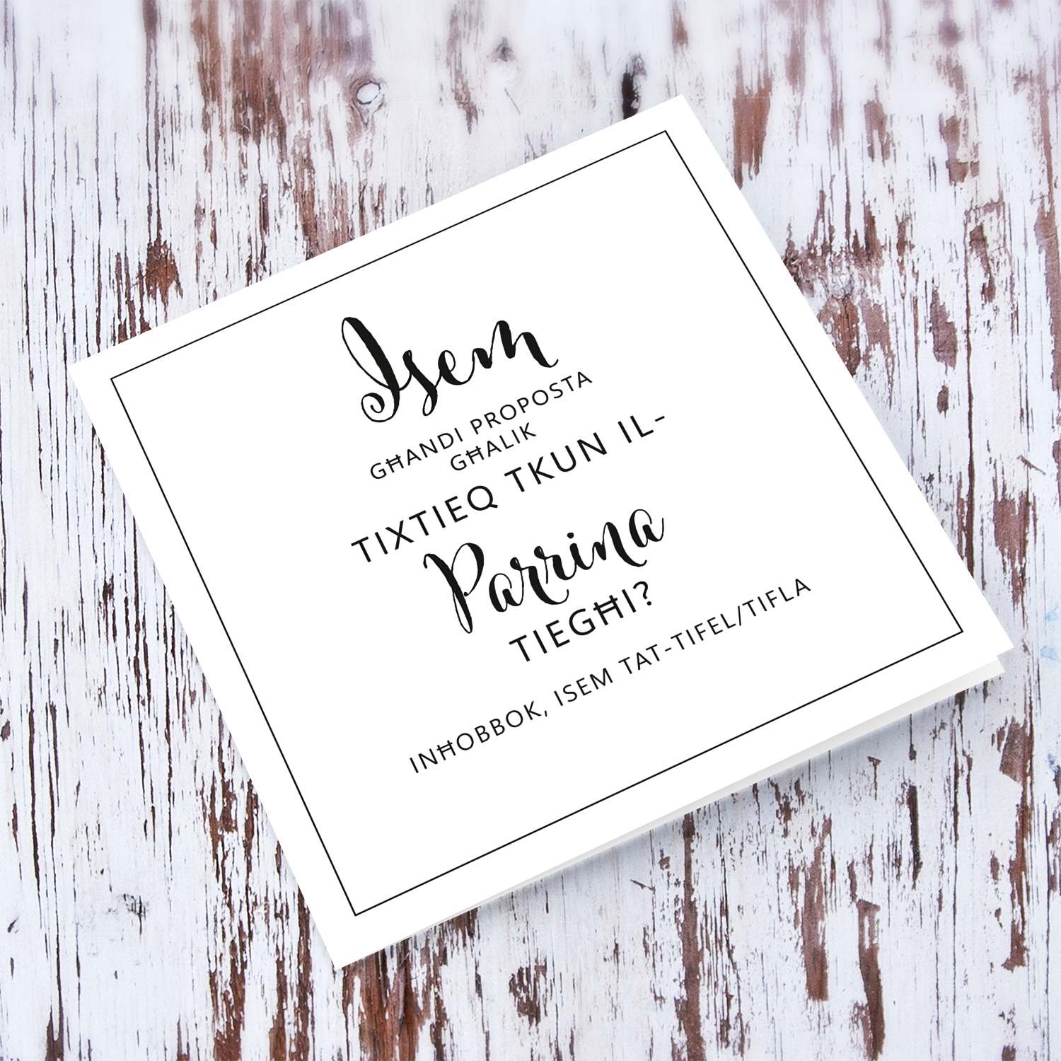 Minimalist proposal card for Godmother in Maltese