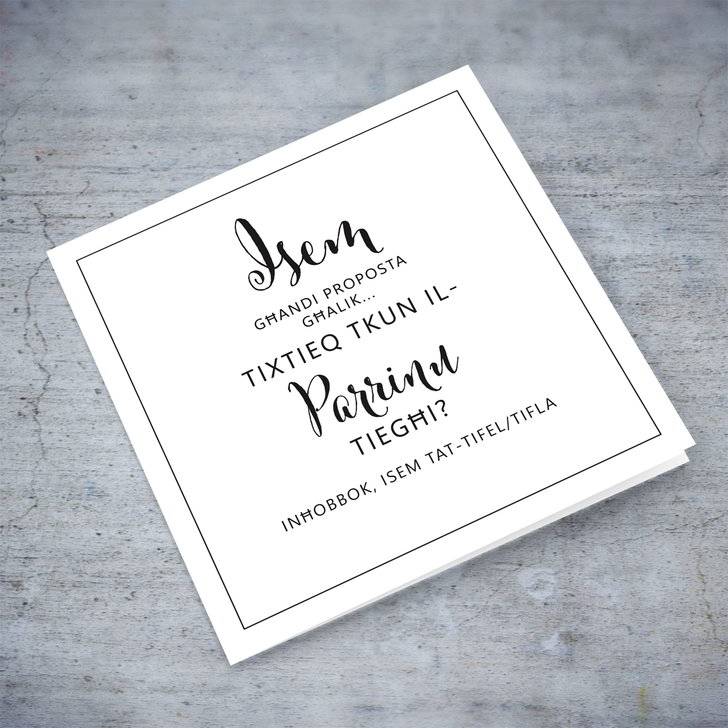 Minimalist proposal card for Godfather in Maltese