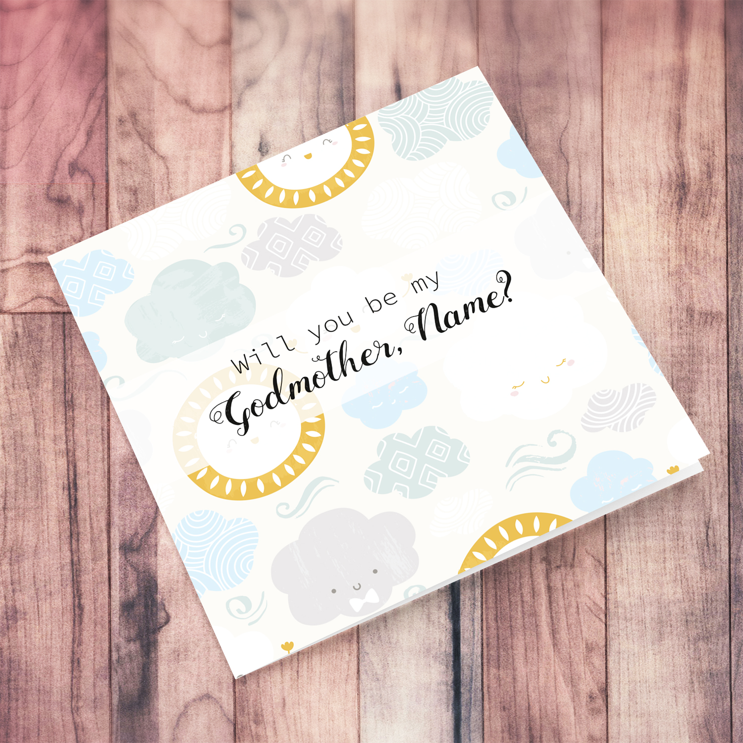 Will you be my Godmother for baptism with blue and green pastel clouds and smiling sun in English (Personalisable)