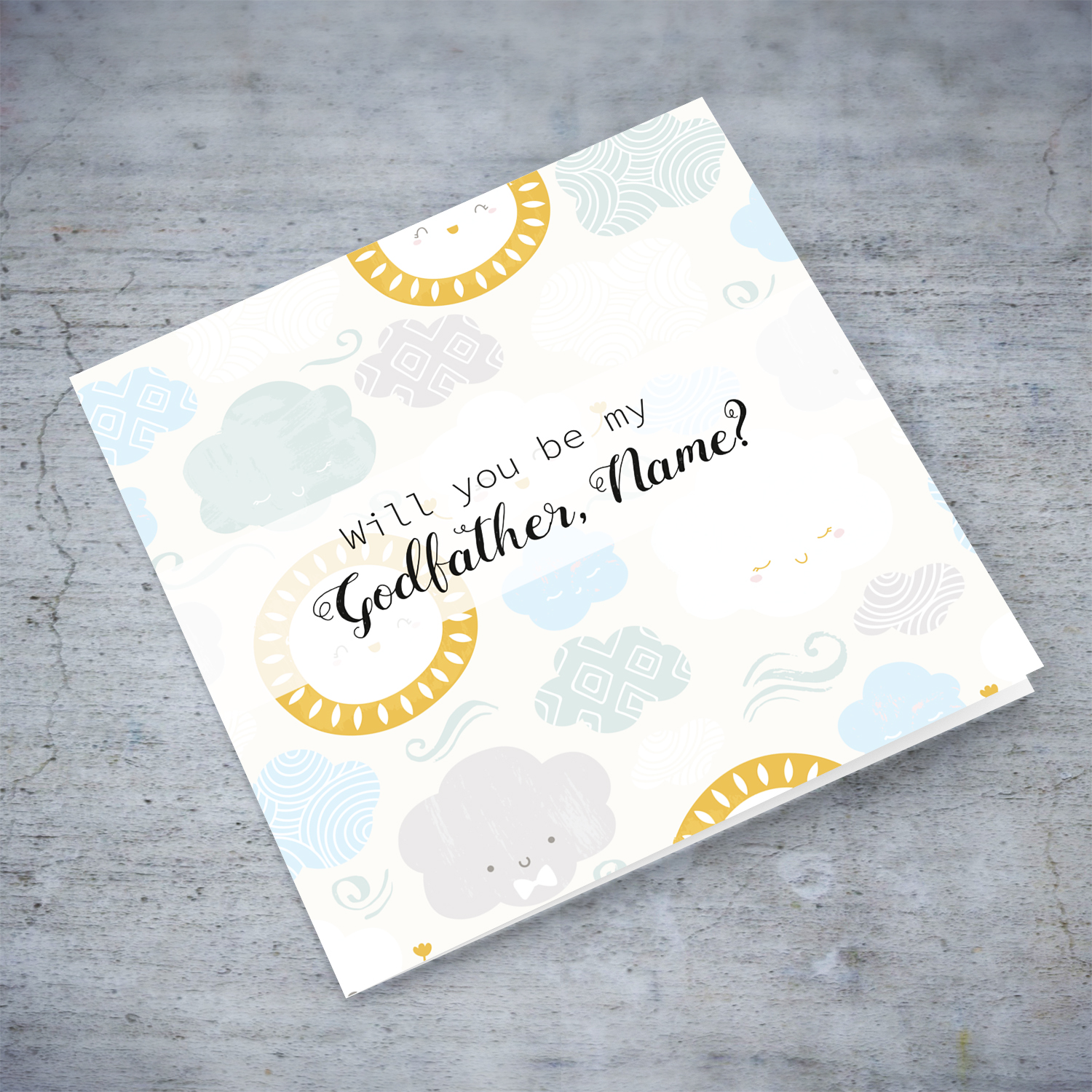 Will you be my Godfather for baptism with blue and green pastel clouds and smiling sun in English (Personalisable)