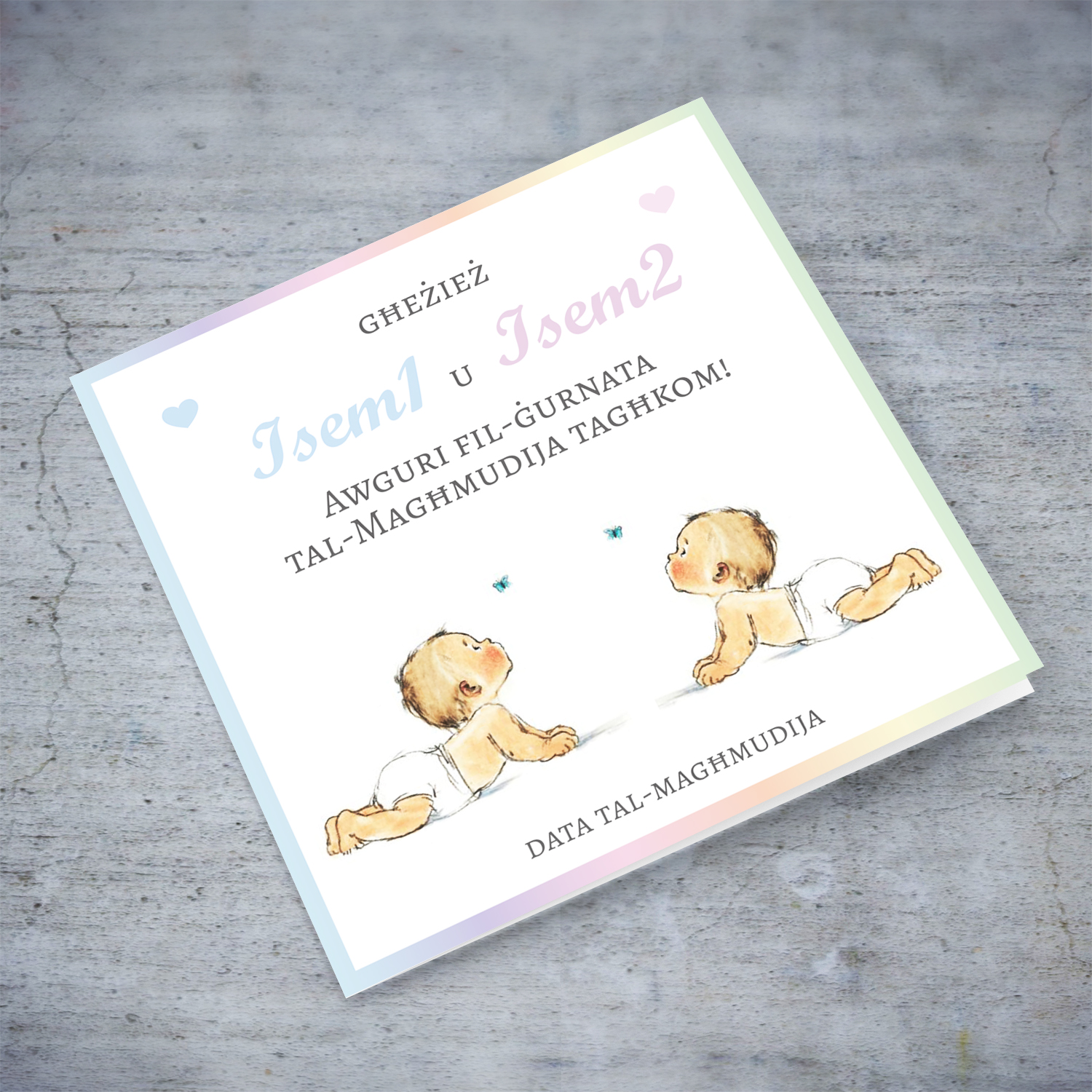 Twin baptism card for boy & girl in pink and light blue font, and pastel border personalisable in Maltese