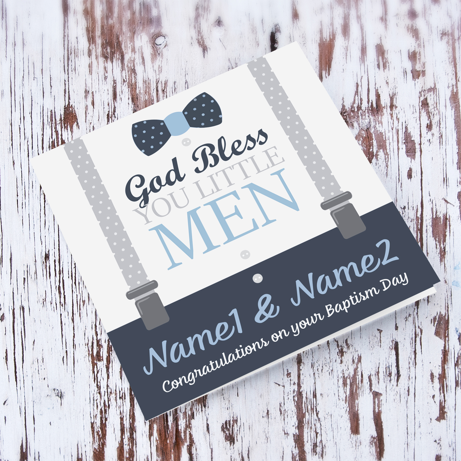 A personalisable Baptism card for TWIN boys, with cute bow in shades of light gray and blue in English