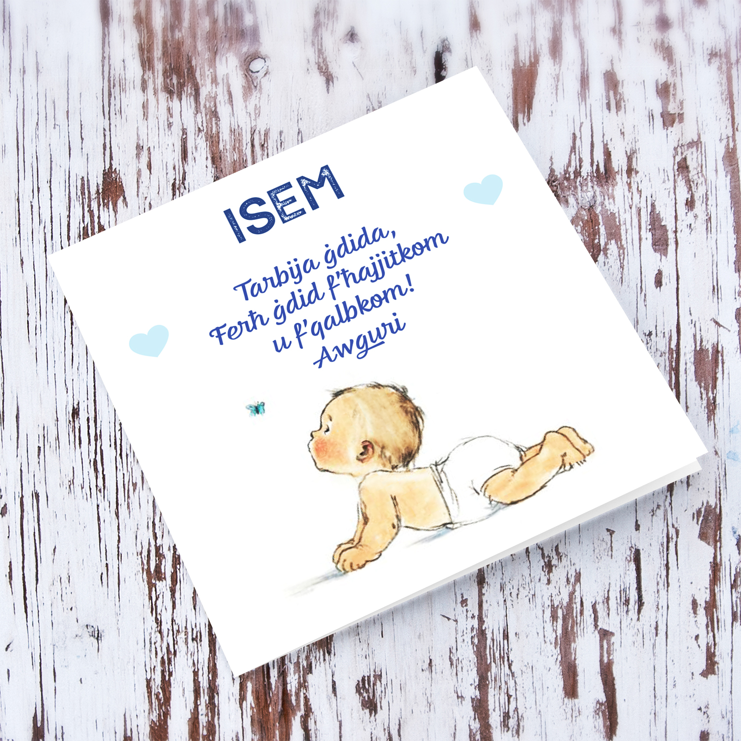 Baby themed new born personalisable card for boy in Maltese