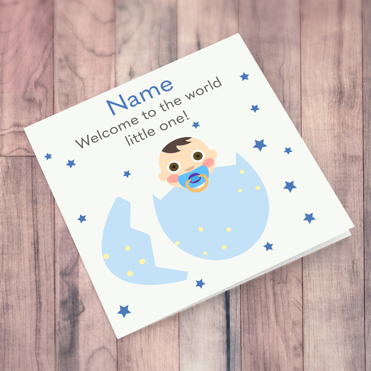 New born personalisable card for boy in egg with stars in English