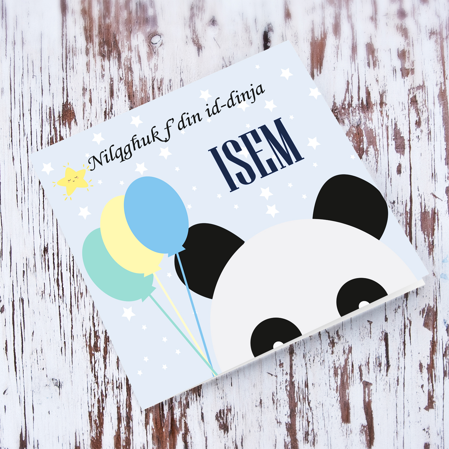 Panda holding balloons new born personalisable card for boys in Maltese