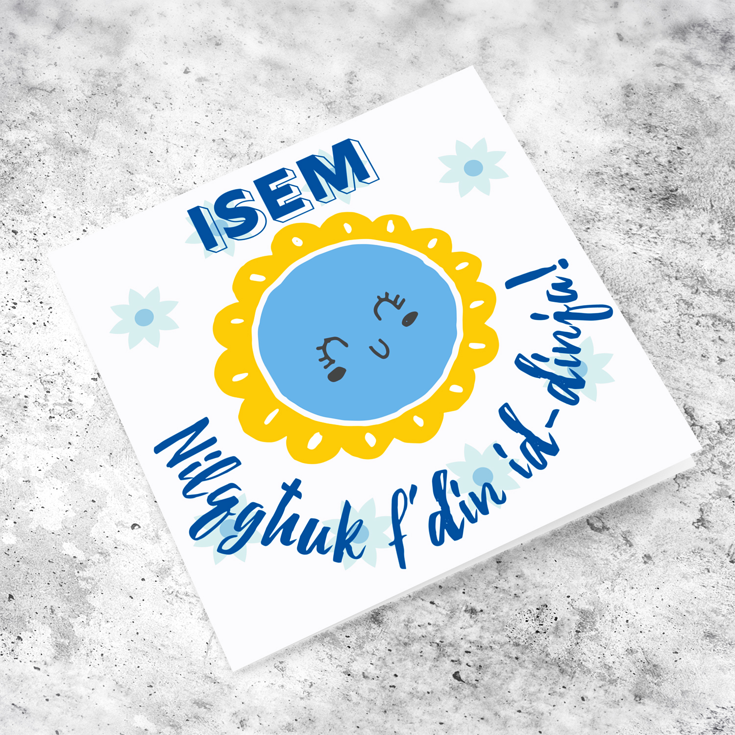 Blue flower themed new born personalisable card for boys in Maltese