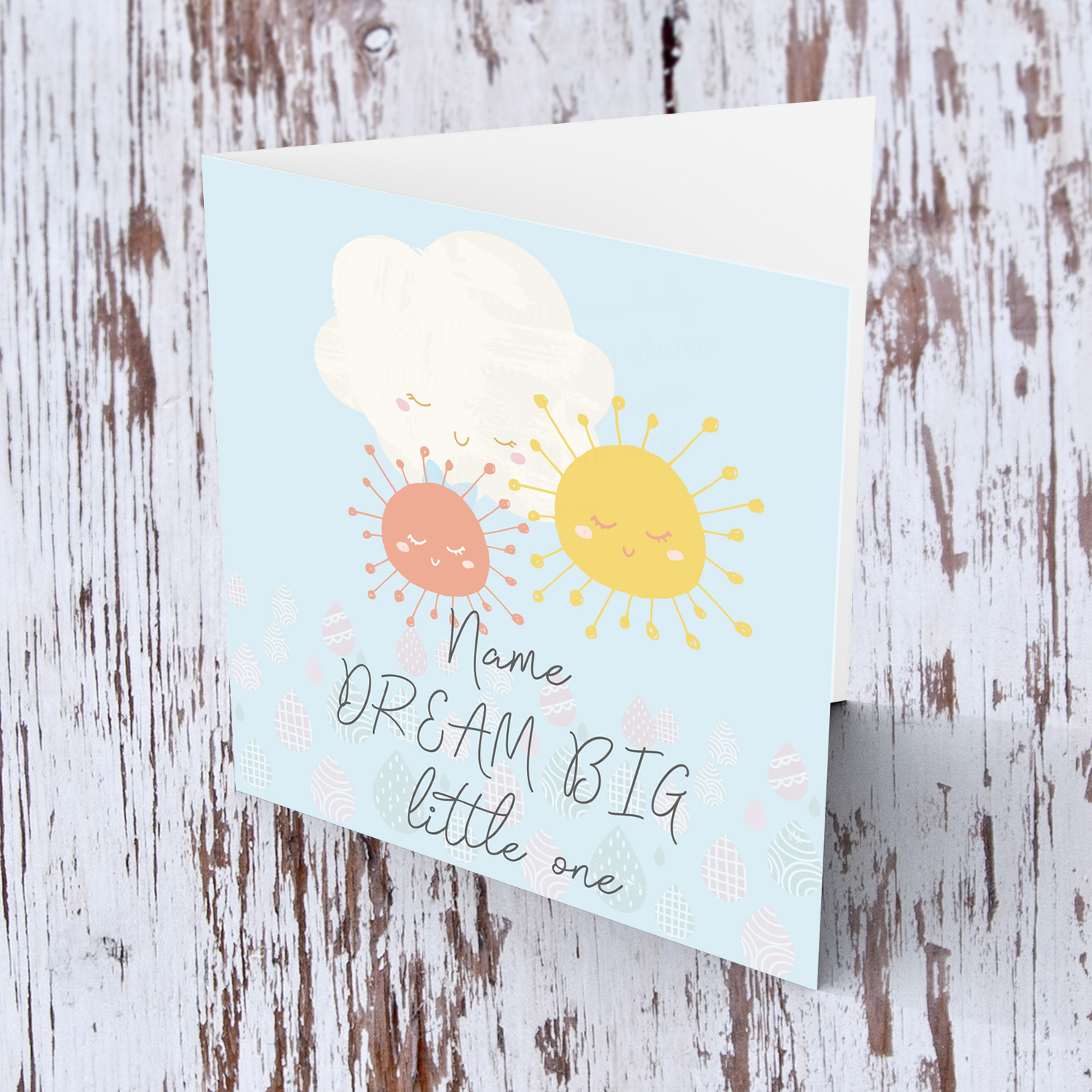 Sun, cloud pastel coloured new born personalisable card in English