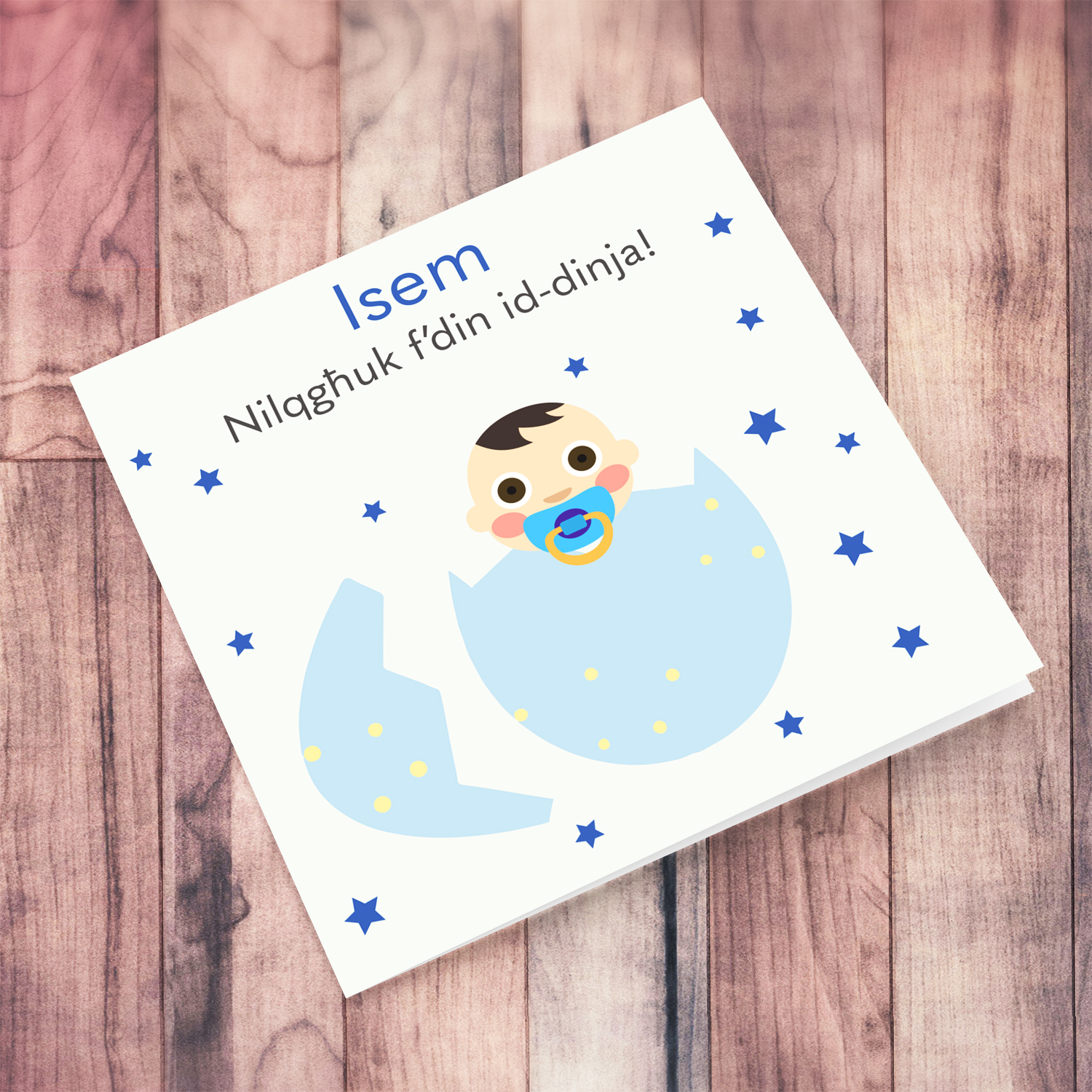 New born personalisable card for boy in egg with stars in Maltese