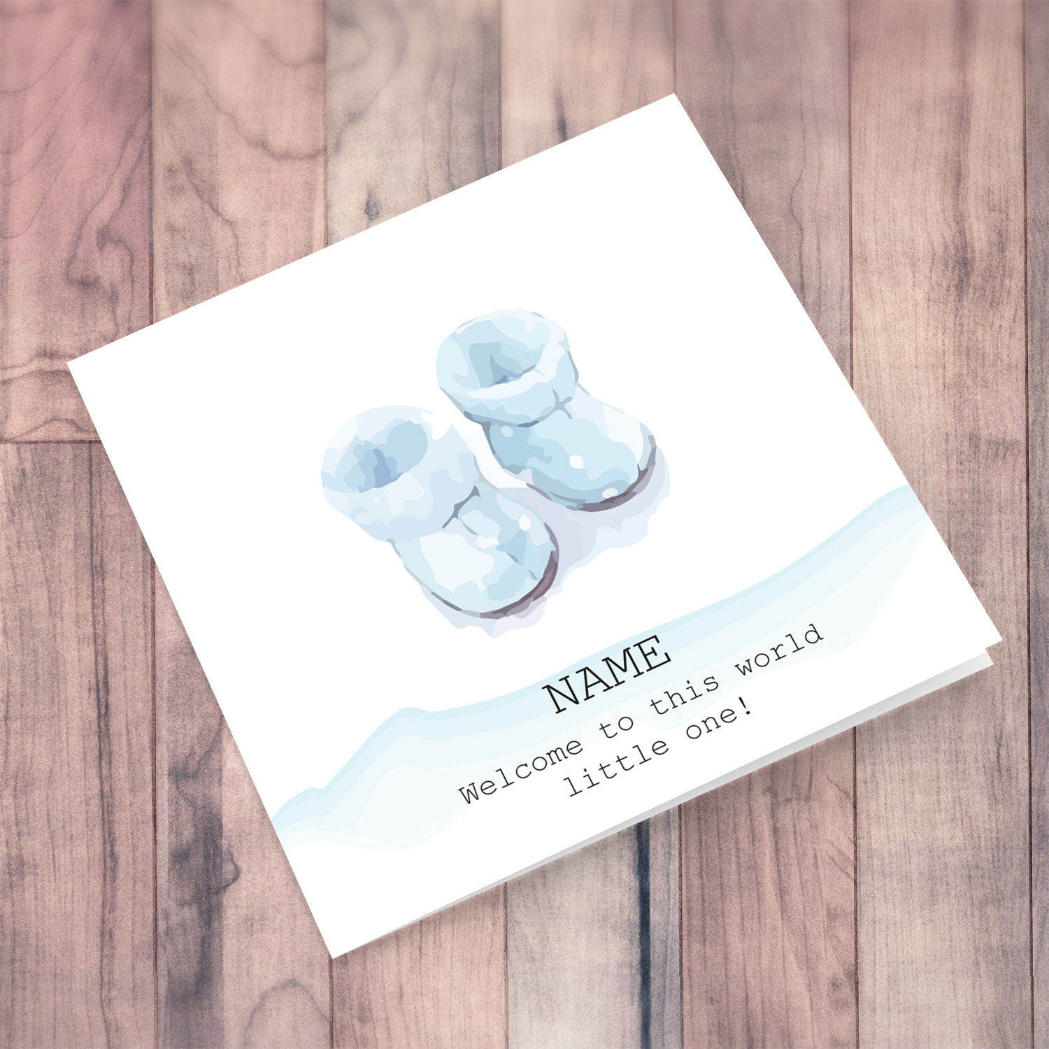 Blue shoes themed new born personalisable card in English for boys
