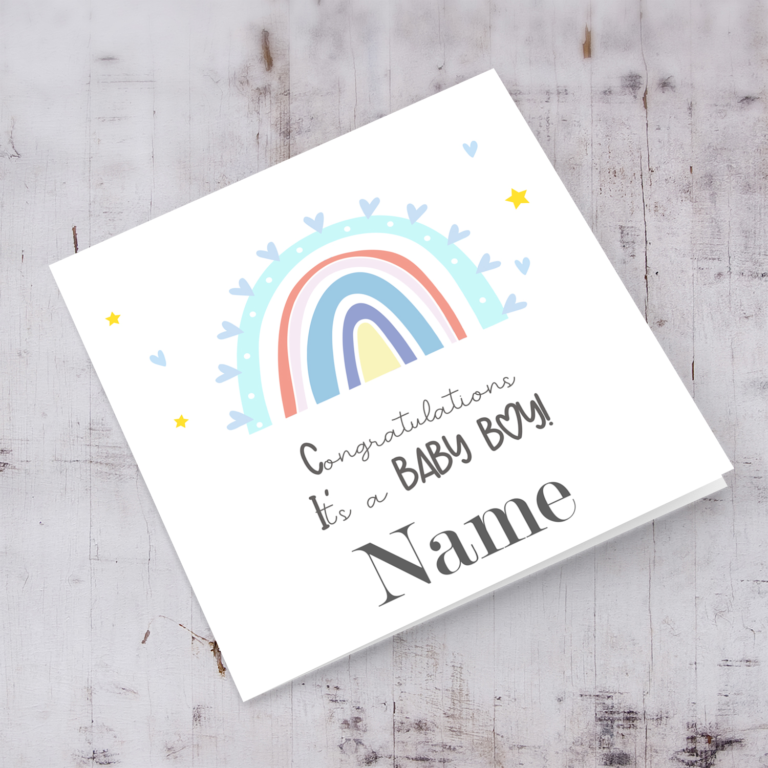 Rainbow themed new born personalisable card for boy in English
