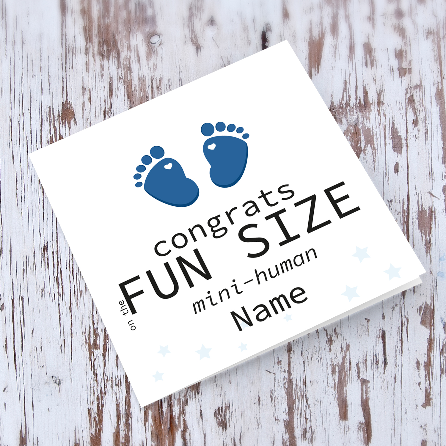 Blue Footprint new born personalisable card for boys in English