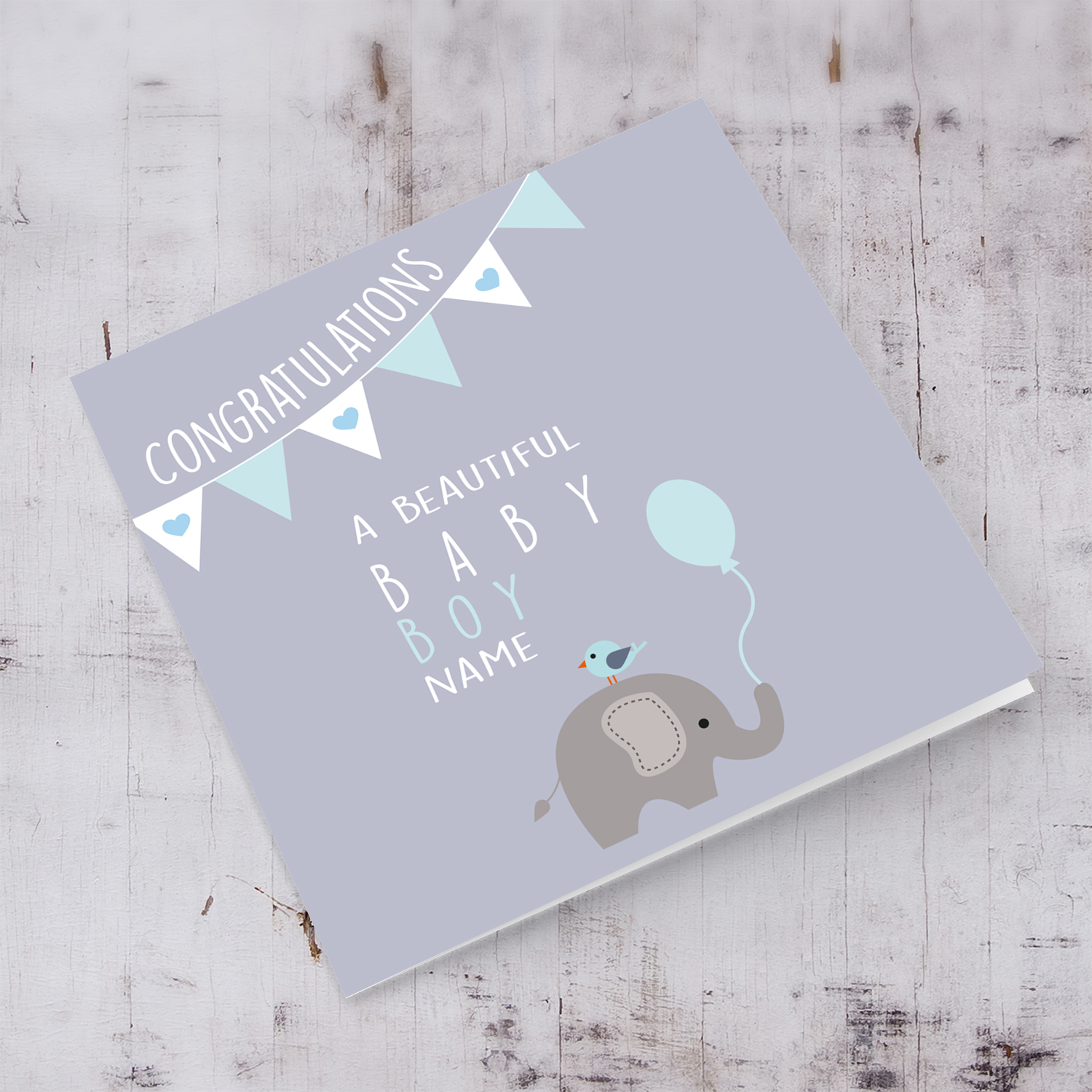Elephant themed new born personalisable card in English