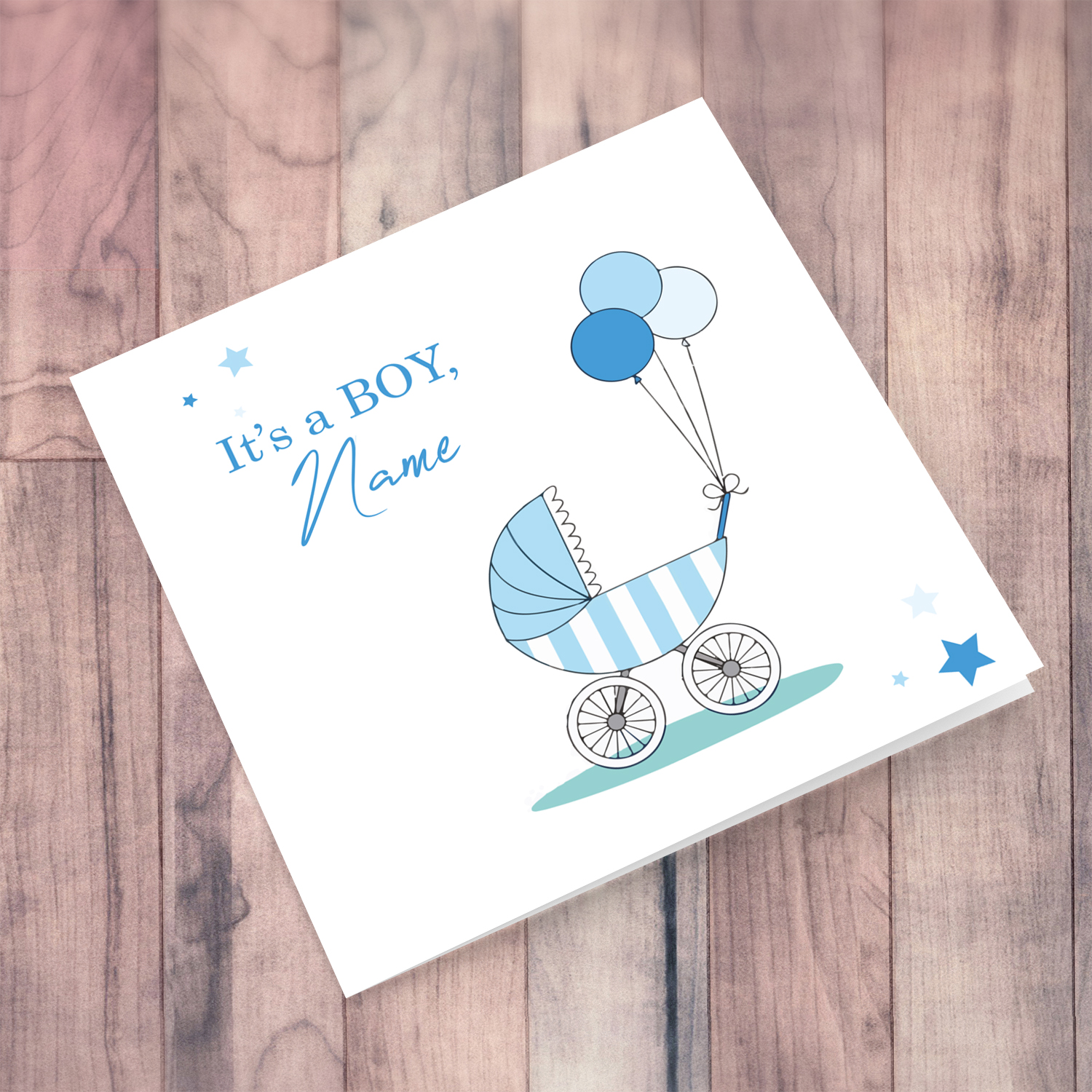 Cute blue pram with balloons in blue tones personalised new born card in English