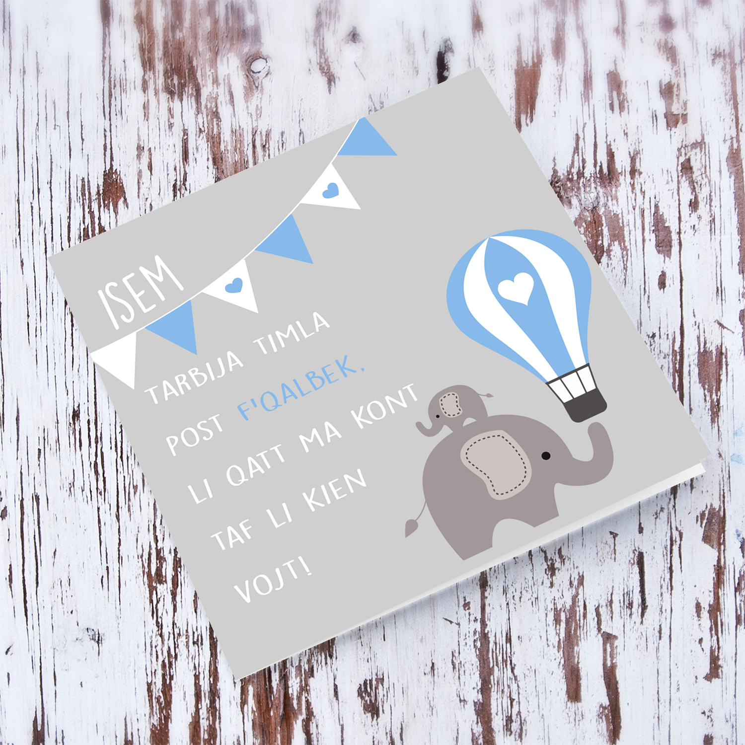 Elephant with cute hot air balloon new born personalisable card in Maltese