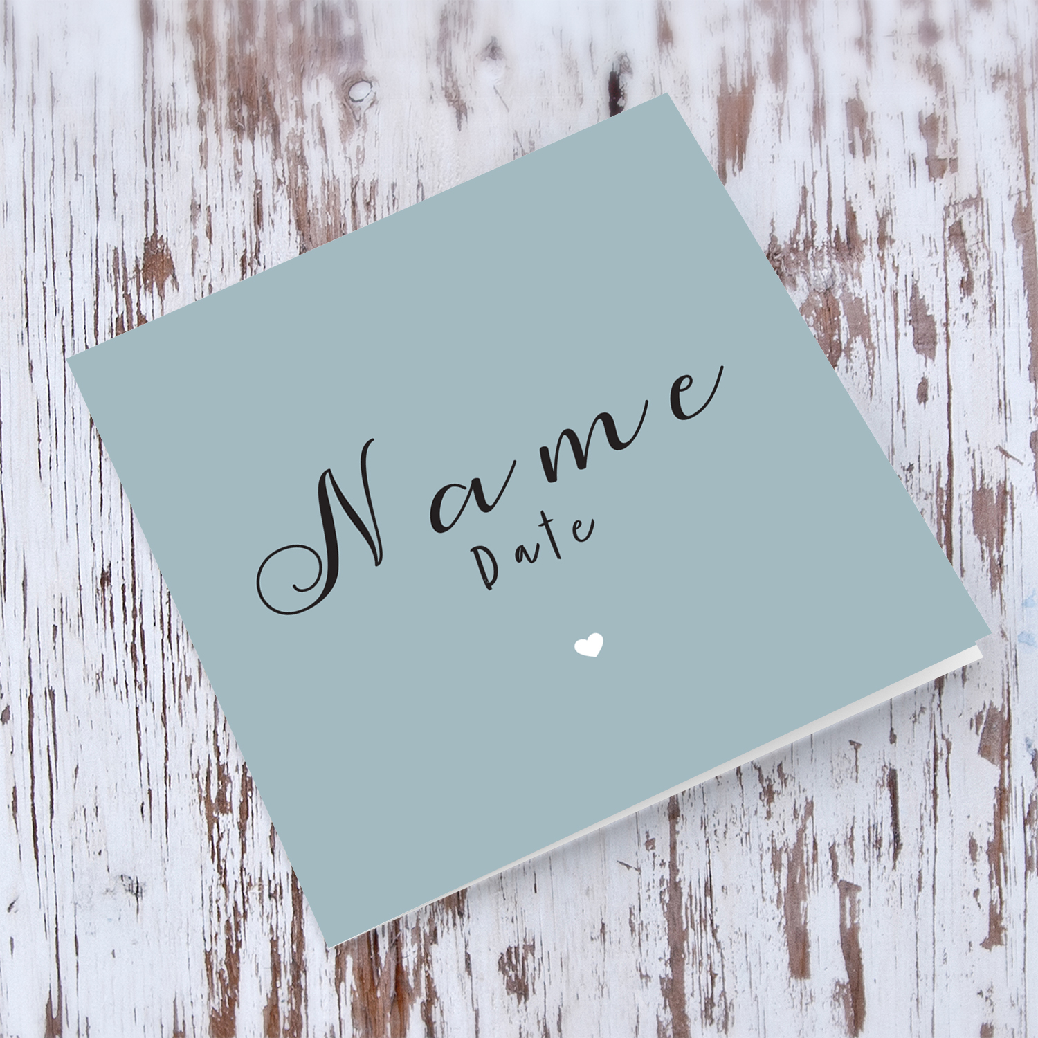 Minimalist new born card with blue background including name and date of birth in English