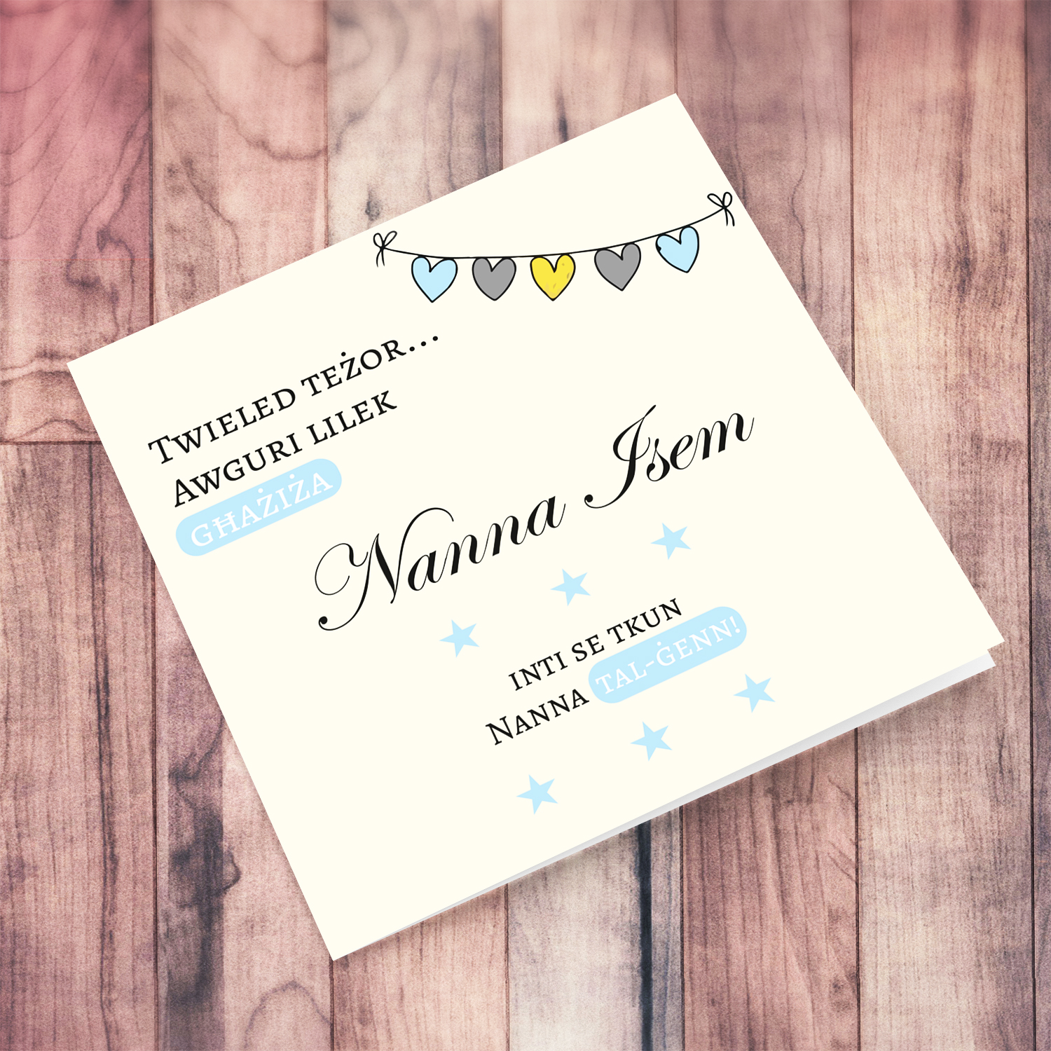 Heart bunting new born card -baby boy grandson for Grandma (Nanna) in Maltese
